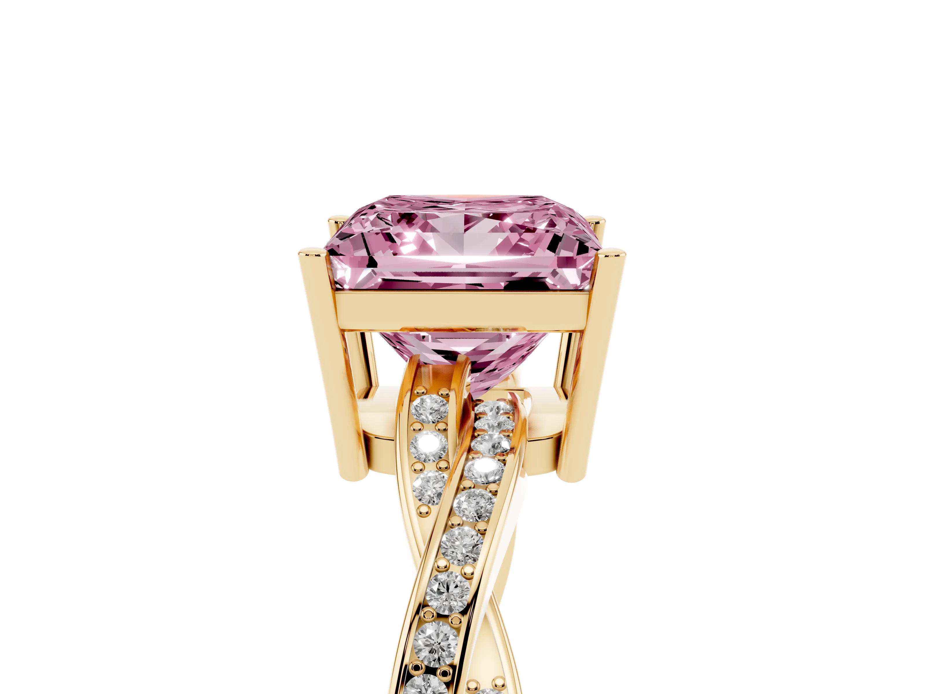 Fancy Pink Princess Cut Diamond Solitaire Twisted Pavé Ring Set in Yellow gold with Prong Setting