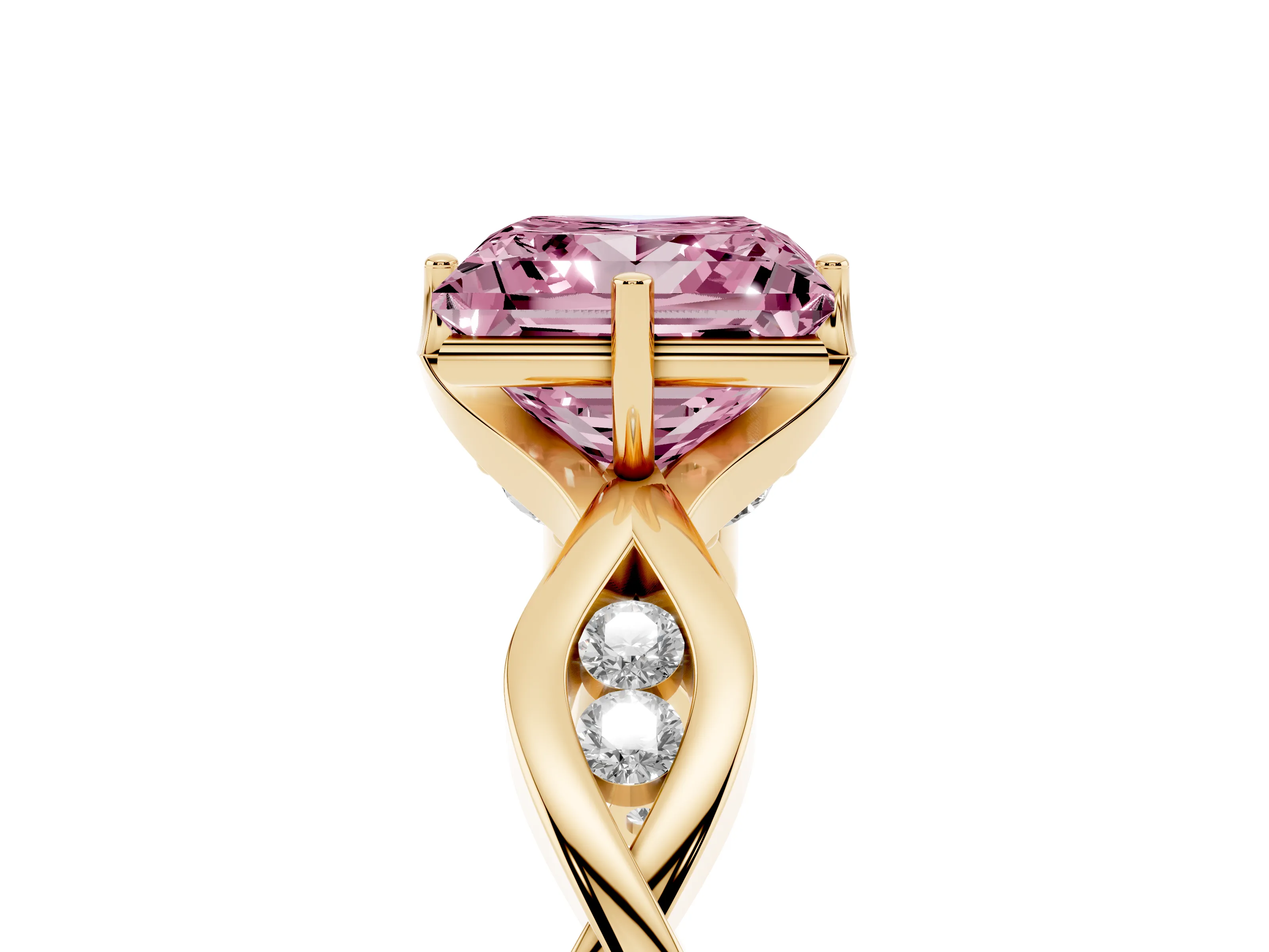 Fancy Pink Princess Cut Diamond Twist Band Solitaire Ring Set in Yellow gold with Leaf Prong Setting and Accent Stones