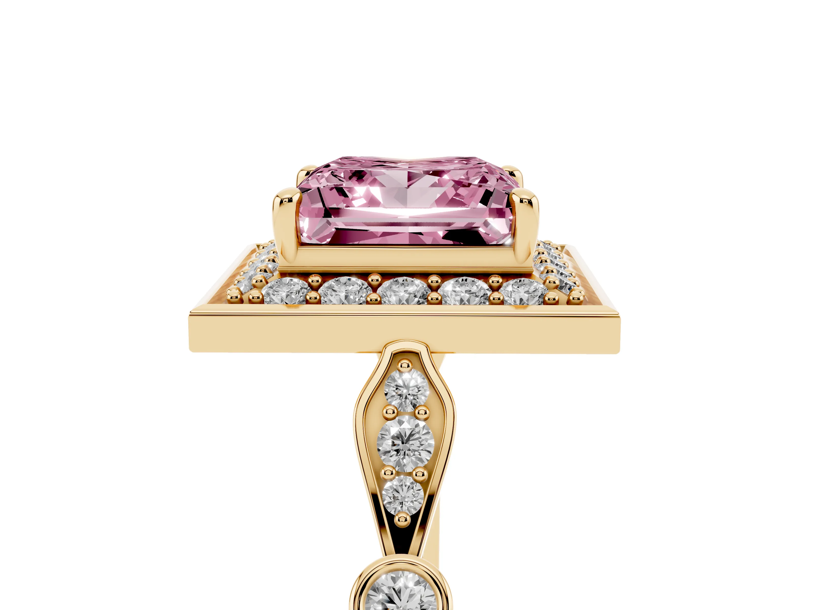 Fancy Pink Princess Cut Diamond Halo Engagement Ring Set in Yellow gold with Twisted Band and Prong Setting