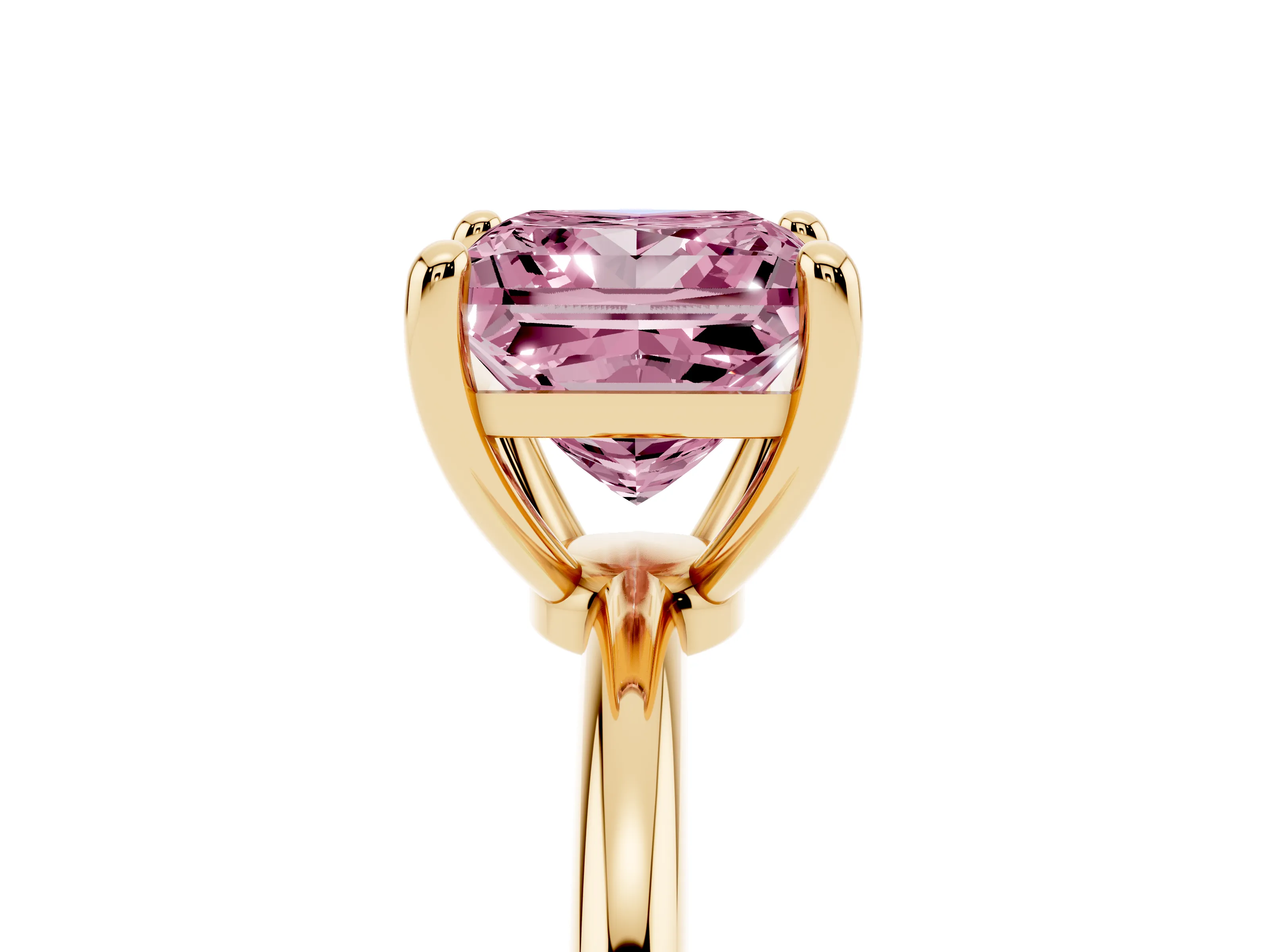 Fancy Pink Princess Cut Diamond Solitaire Ring Set in Yellow gold with Secure Prong Setting on a Classic Band