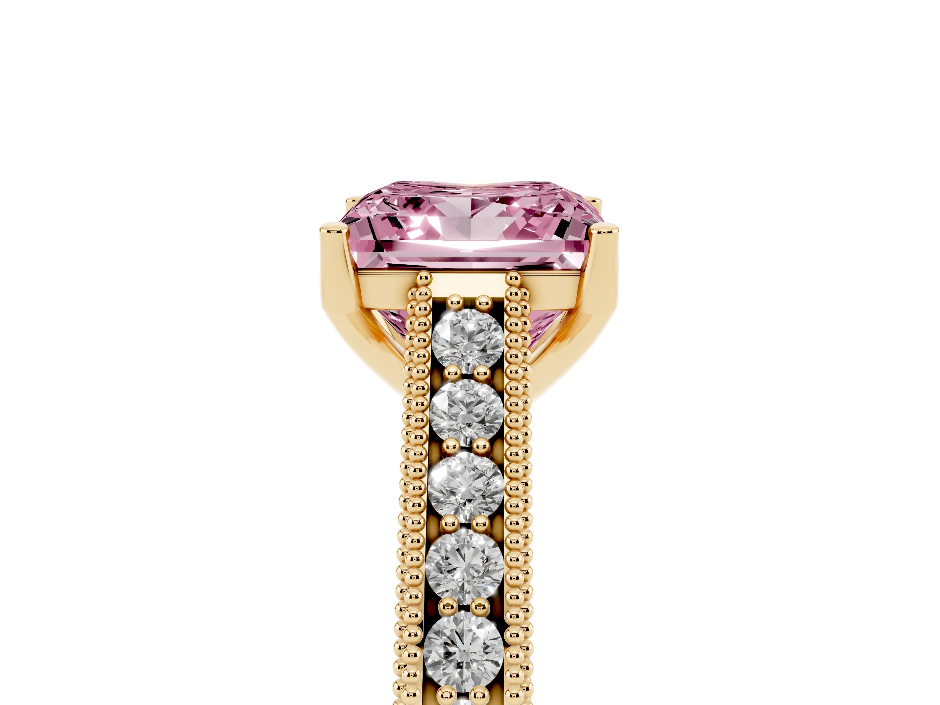 Fancy Pink Princess Cut Diamond Milgrain Pavé Band Solitaire Ring Set in Yellow gold with Prong Setting
