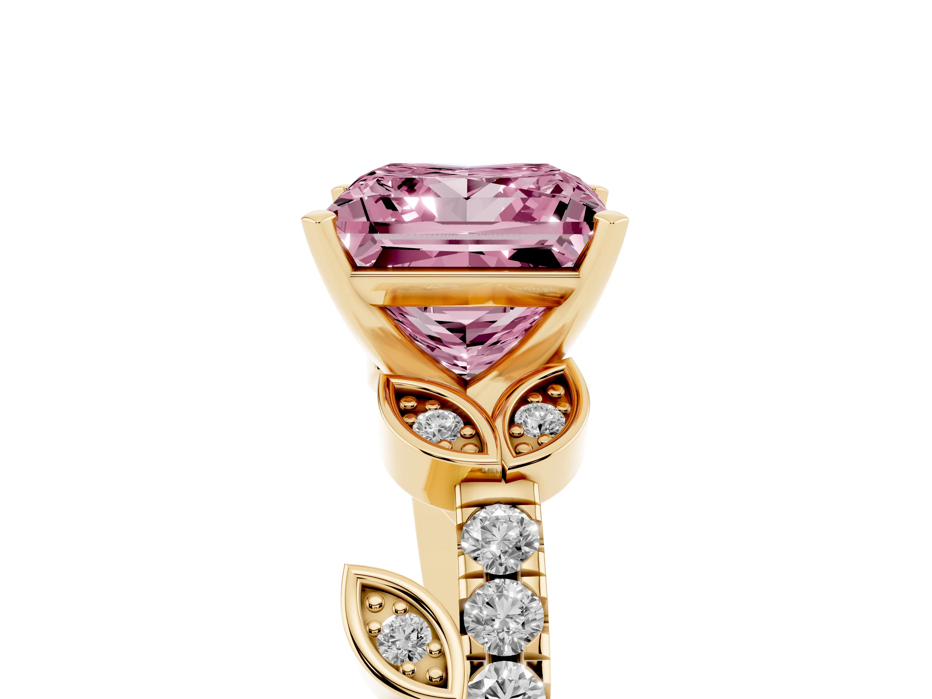 Fancy Pink Princess Cut Diamond Solitaire Leaf-Inspired Ring Set in Yellow gold with Pavé Band and Prong Setting