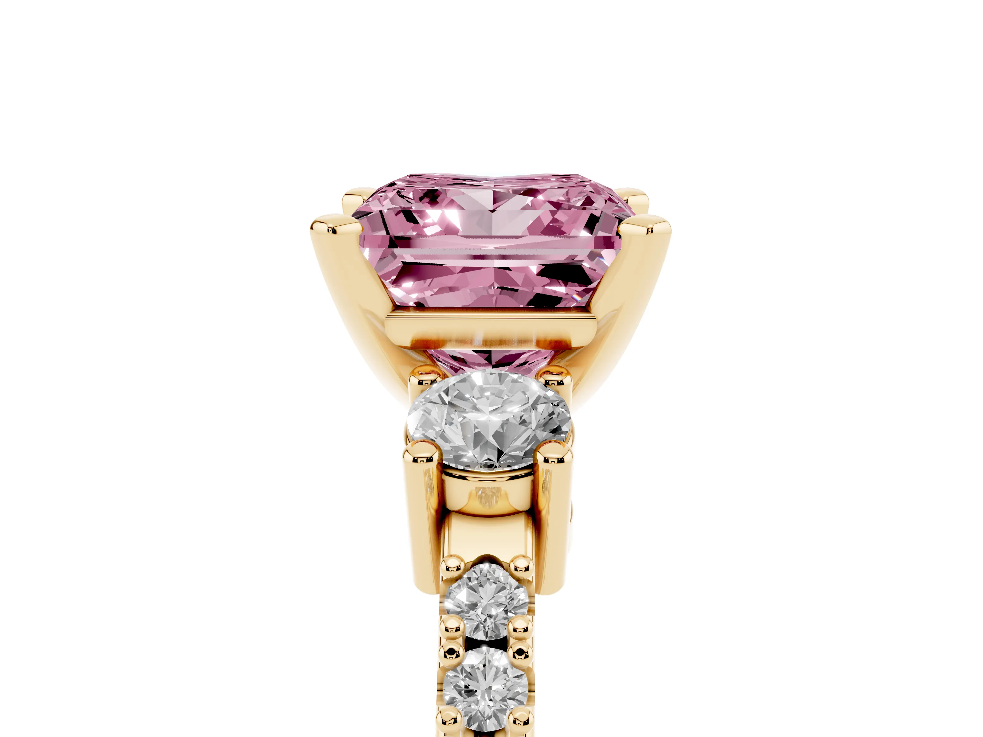 Fancy Pink Three-Stone Princess Cut Diamond Pavé Band Ring Set in Yellow gold with Prong Setting