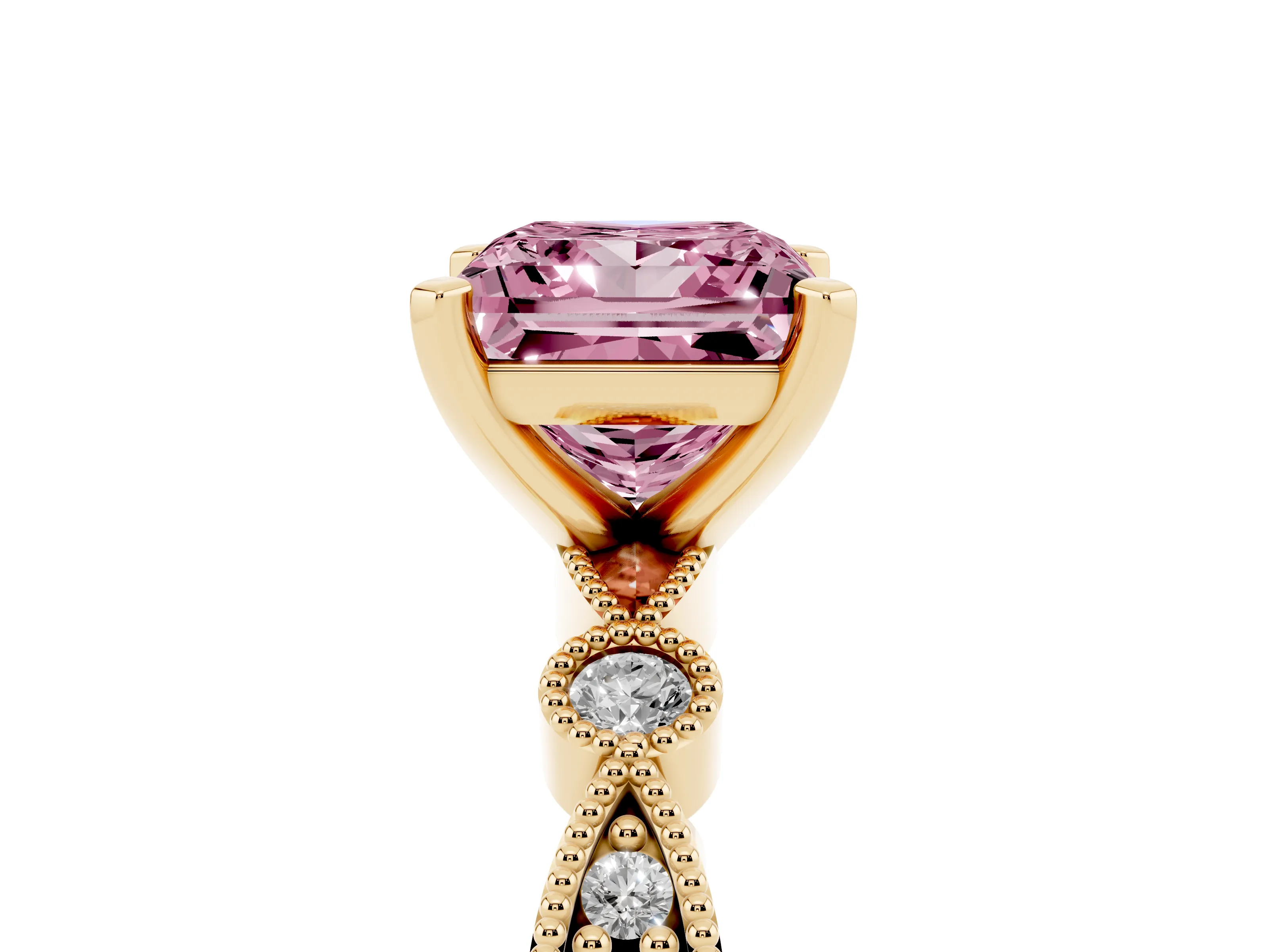 Fancy Pink Princess Cut Diamond Solitaire Engagement Ring Set in Yellow gold with Milgrain Bezel Accent Band