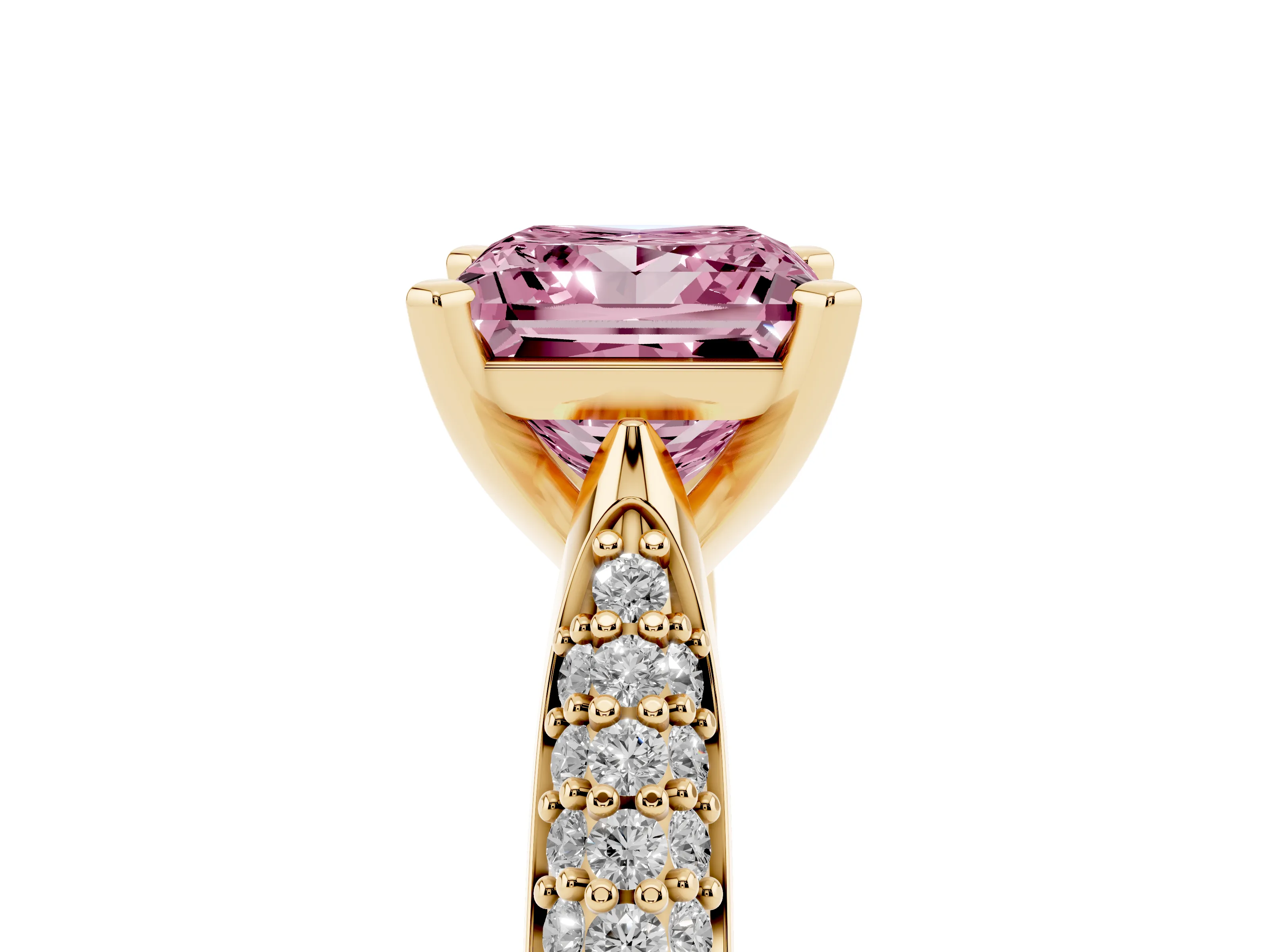 Fancy Pink Princess Cut Diamond Solitaire Engagement Ring Set in Yellow gold with Multi-Row Round Pavé Band and Prong Setting