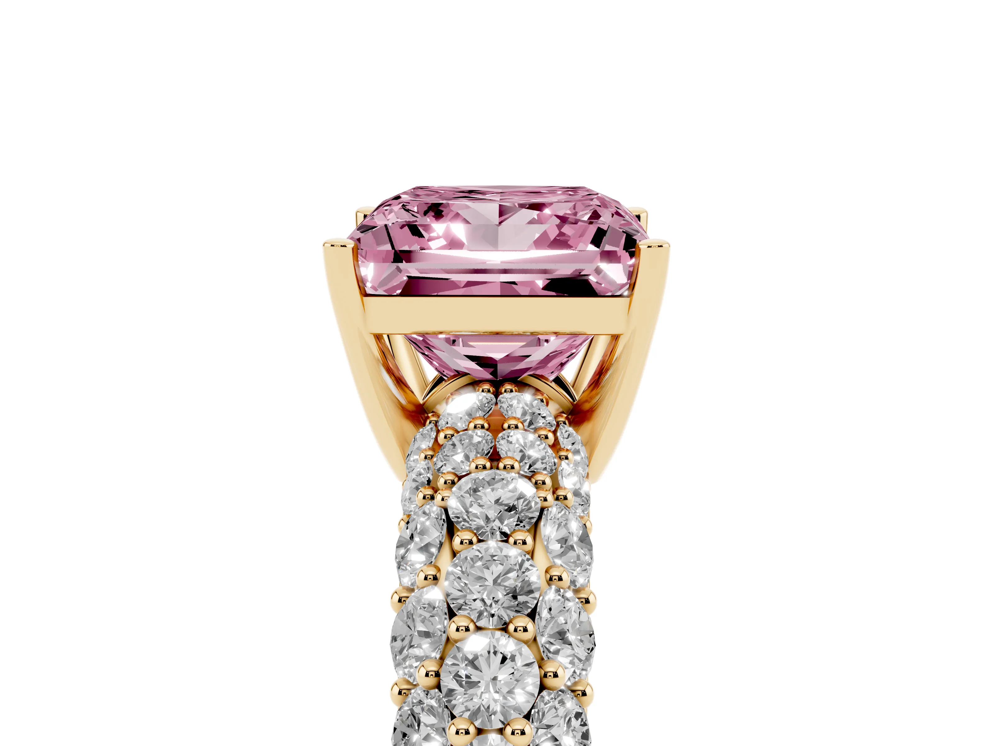 Fancy Pink Princess Cut Diamond Pavé Band Solitaire Ring Set in Yellow gold with Close-Set Accent Stones and Prong Setting