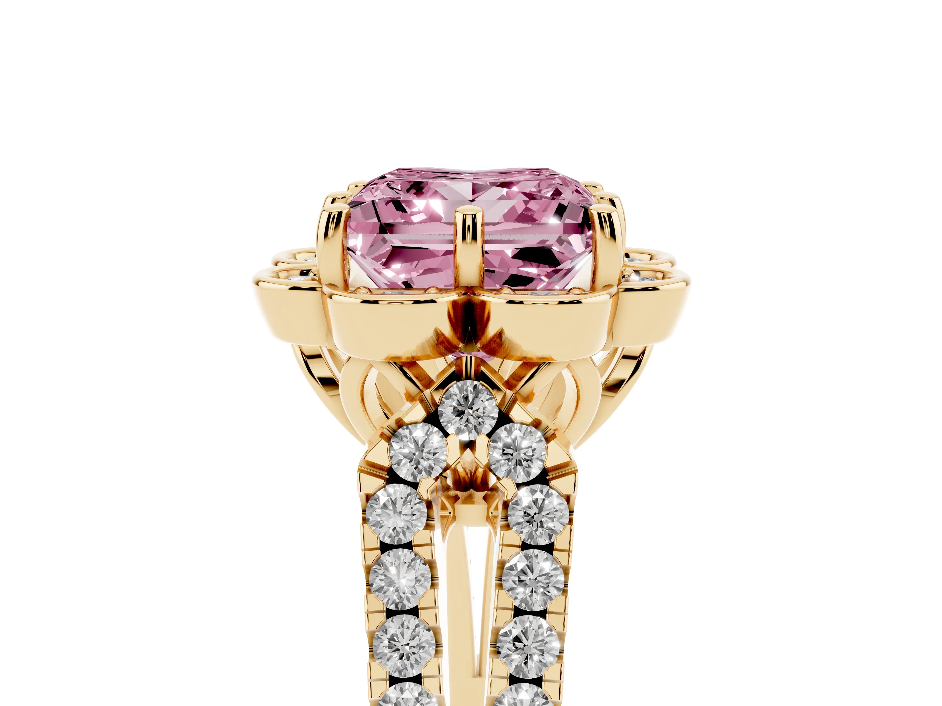 Fancy Pink Princess Cut Diamond Floral Halo Split Shank Engagement Ring Set in Yellow gold with Pavé Shank