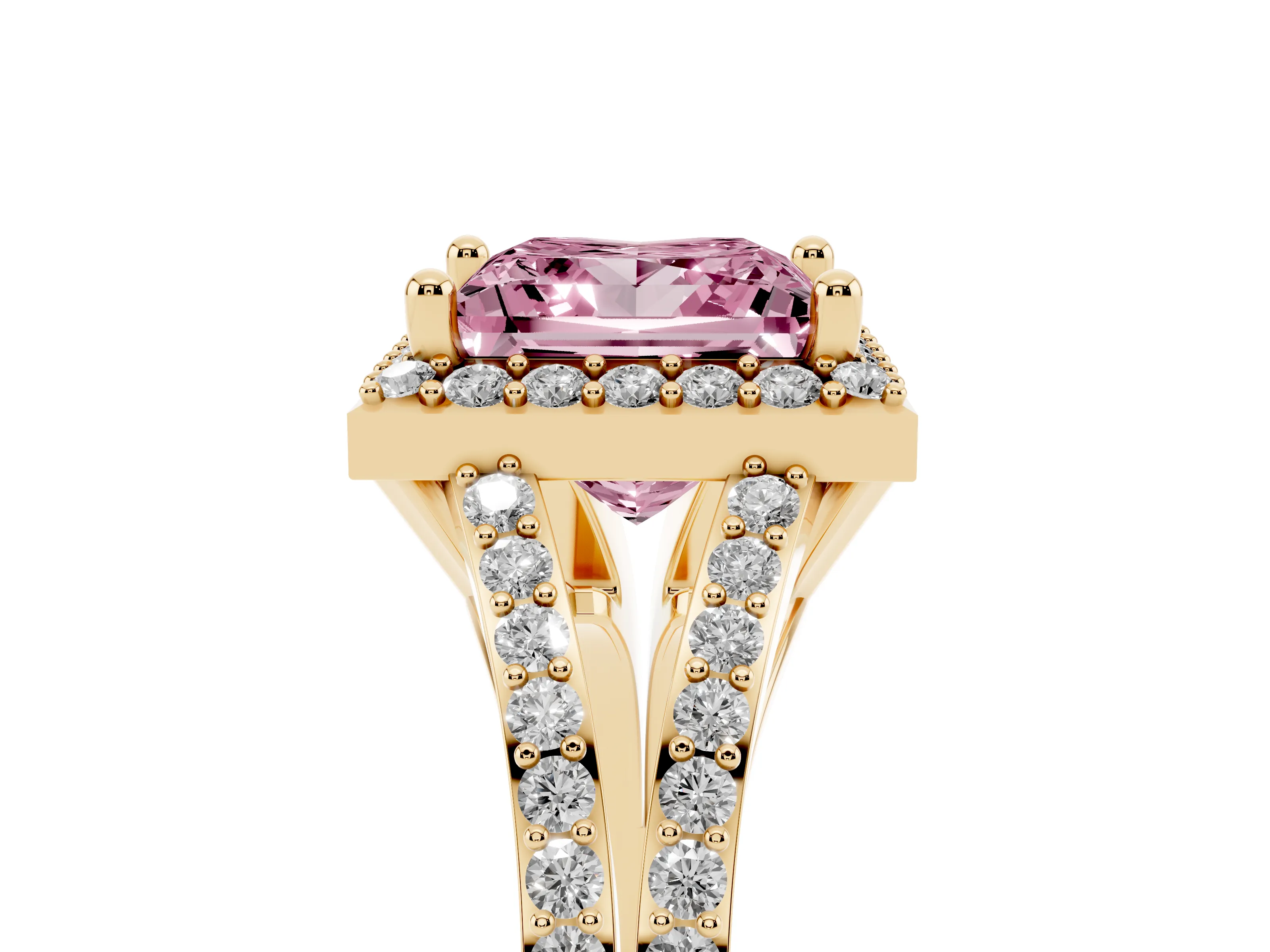 Fancy Pink Princess Cut Diamond Halo Split Shank Pavé Ring Set in Yellow gold with Prong Setting