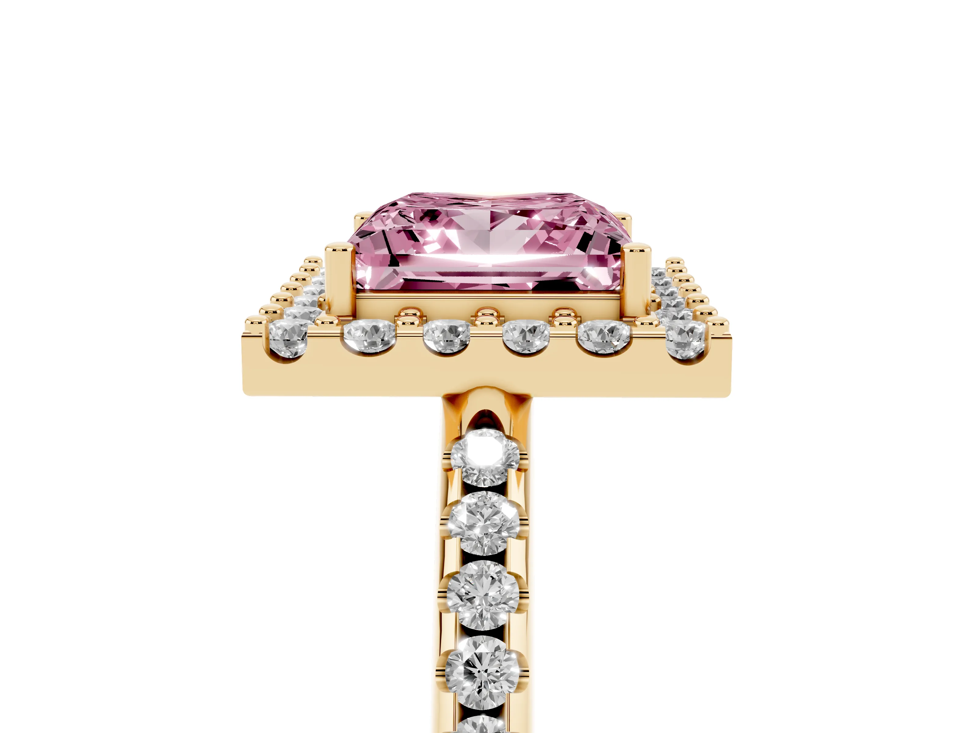 Fancy Pink Princess Cut Diamond Pavé Halo Ring Set in Yellow gold with Prong Setting