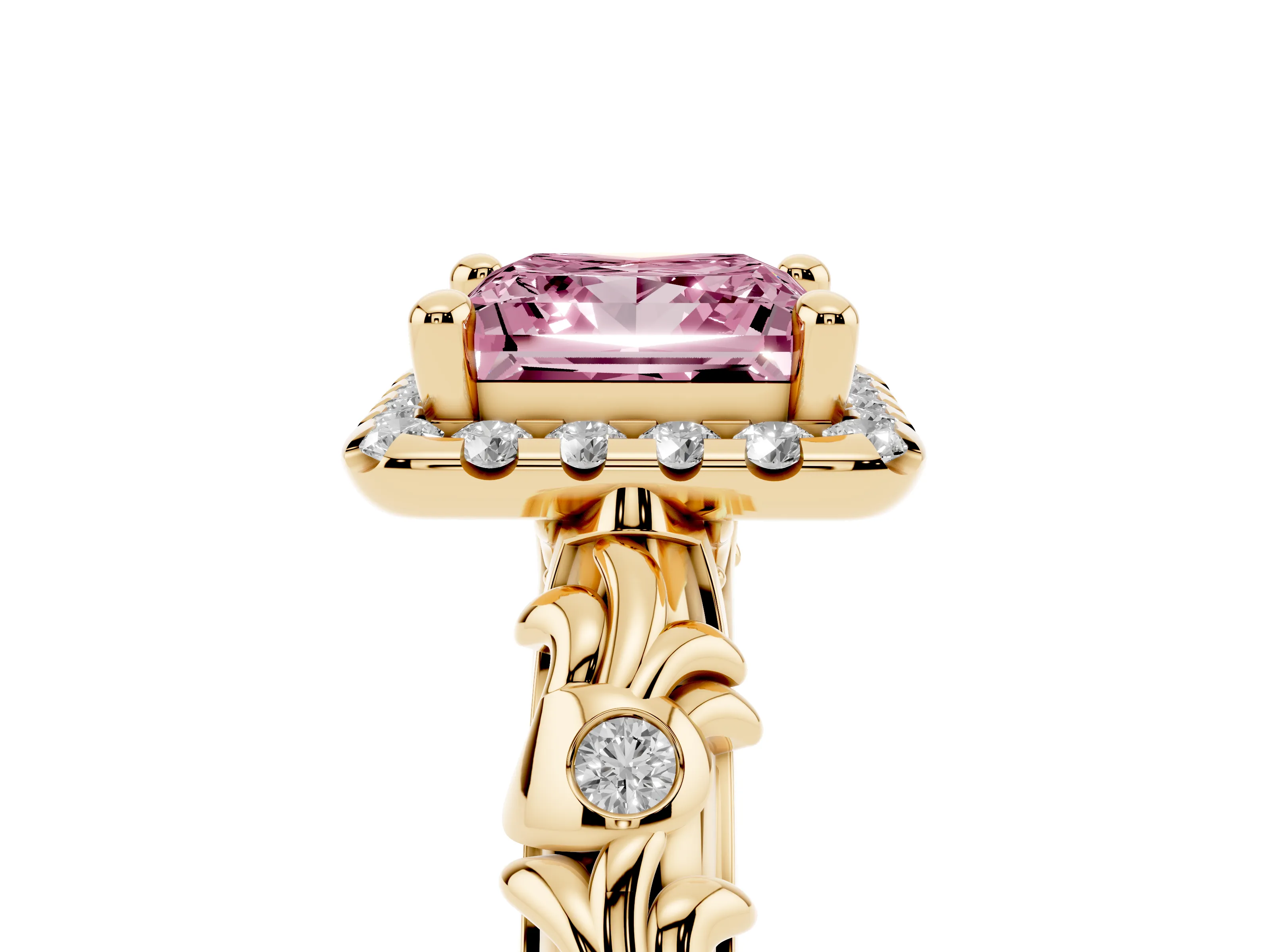 Fancy Pink Princess Cut Diamond Halo Ring Set in Yellow gold with Filigree Leaf Band and Prong Setting