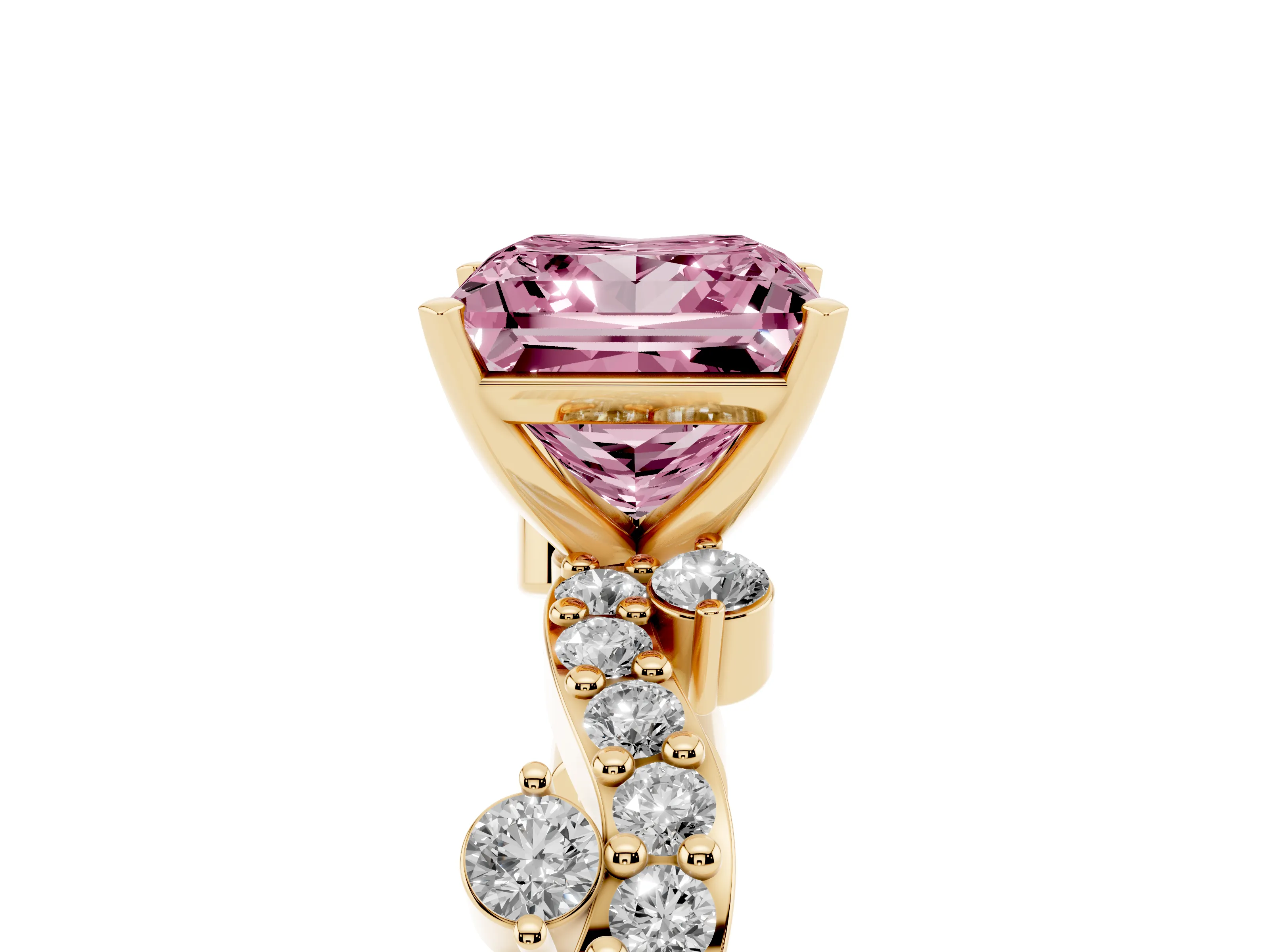 Fancy Pink Princess Cut Diamond Solitaire Twisted Band Set in Yellow gold with Pavé Setting