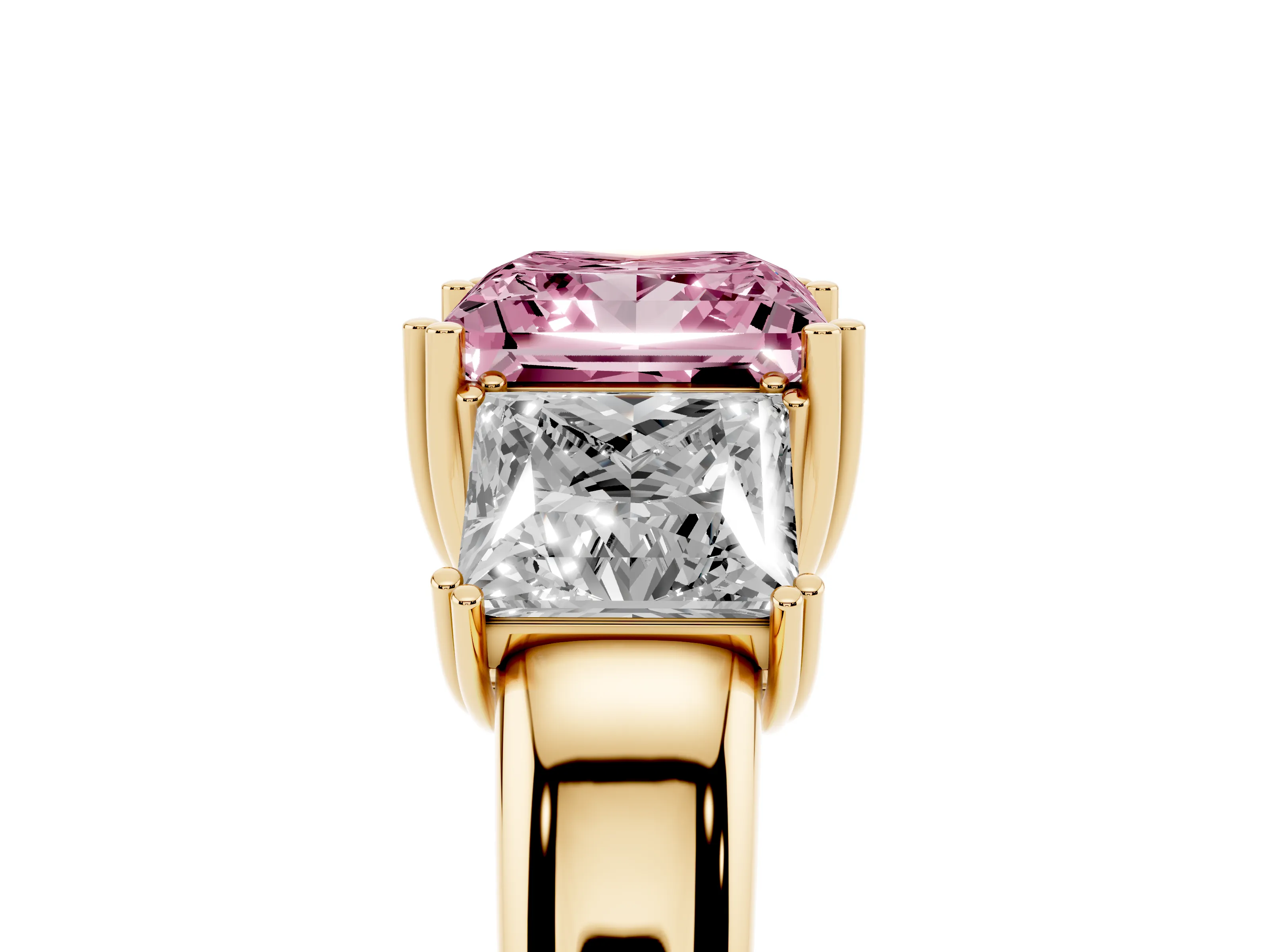 Fancy Pink Princess Cut Diamond Three-Stone Ring Set in Yellow gold with Polished Channel-Set Band