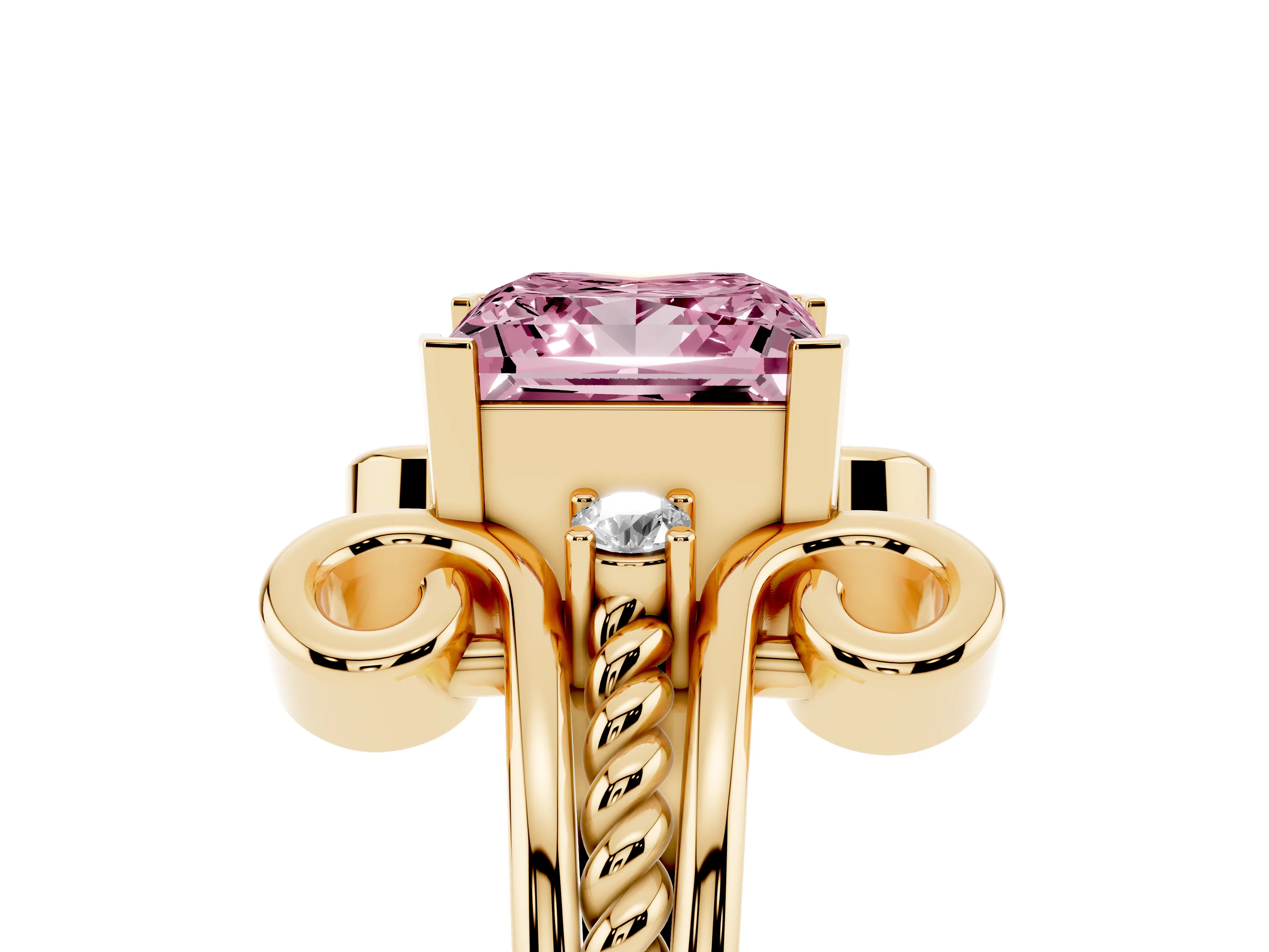 Fancy Pink Princess Cut Diamond Twisted Band Solitaire Ring Set in Yellow gold with Scroll Prongs