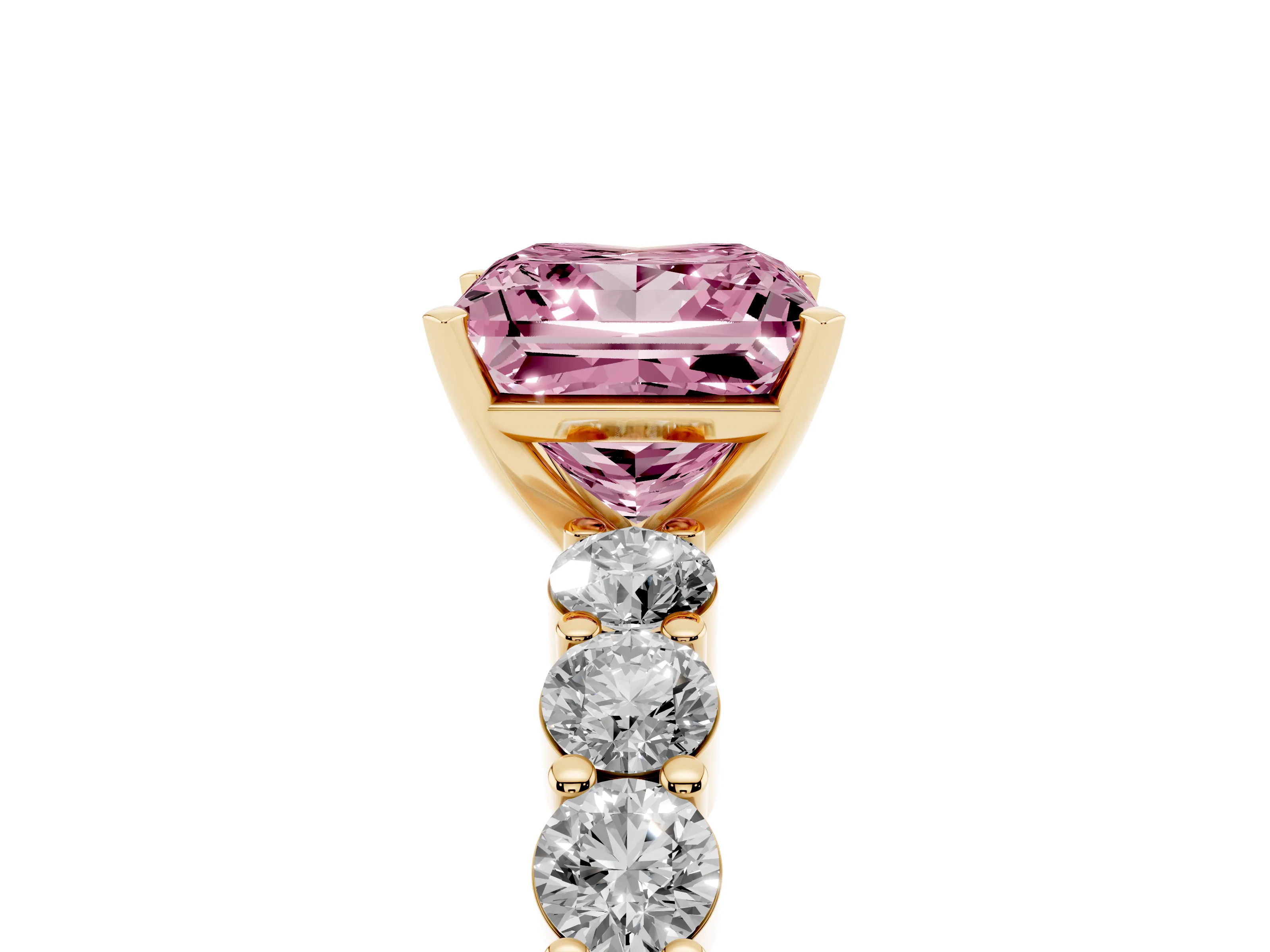 Fancy Pink Princess Cut Diamond Solitaire Ring Set in Yellow gold with Shared Prong Round Side Stones