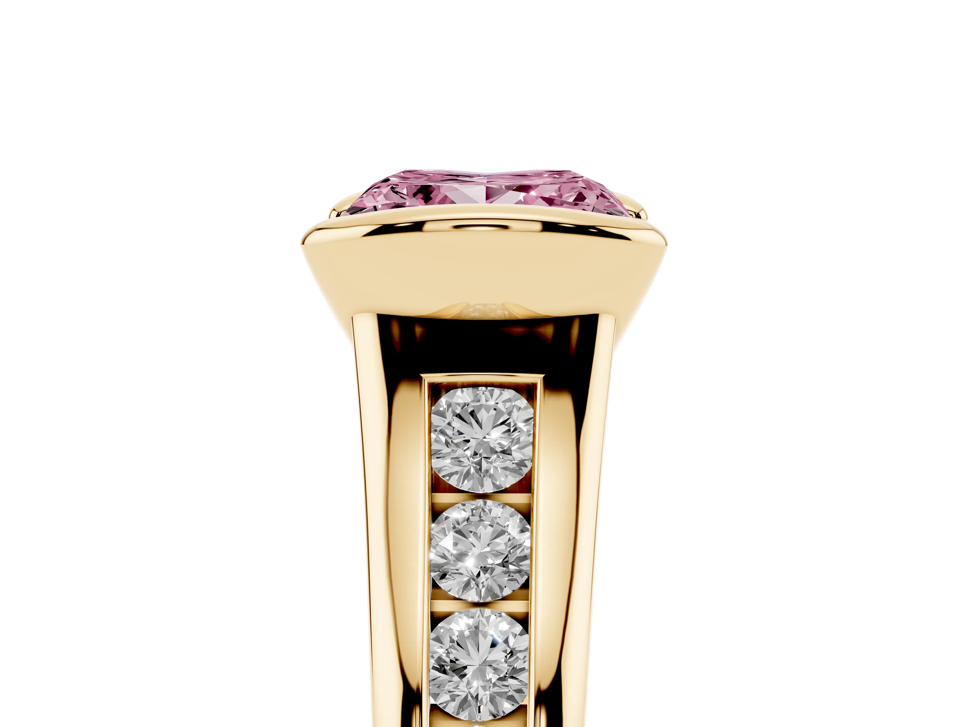 Fancy Pink Princess Cut Diamond Bezel-Set Solitaire Ring Set in Yellow gold with Channel-Set Band