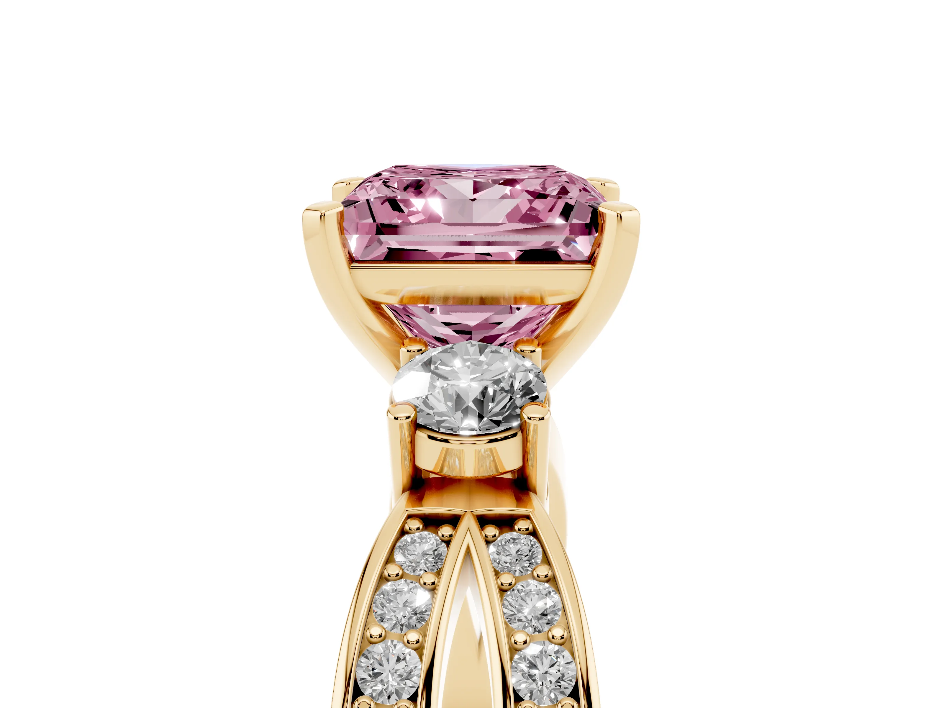 Fancy Pink Three-Stone Princess Cut Diamond Twist Band Ring Set in Yellow gold with Pavé Accents and Prong Setting