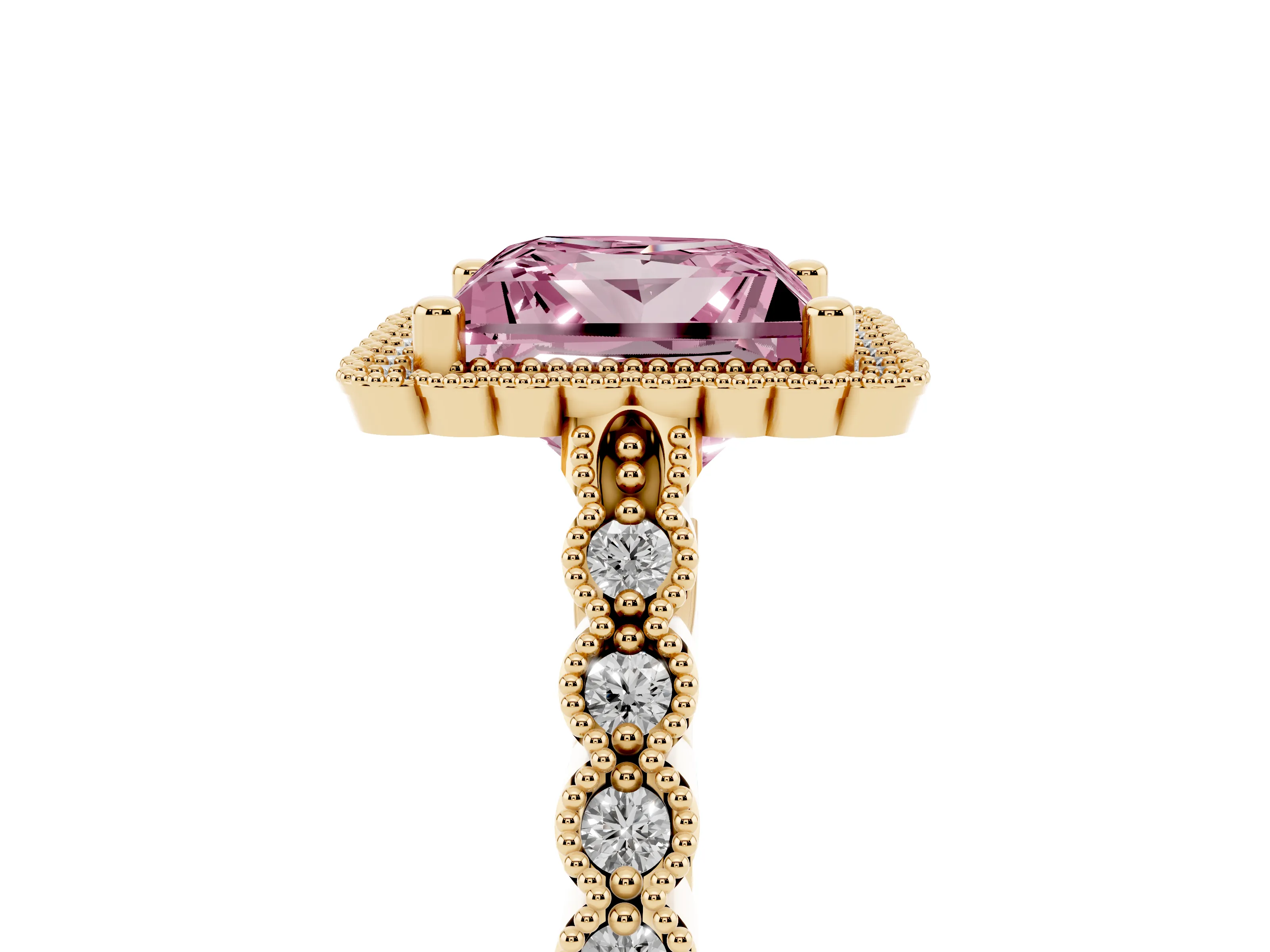 Fancy Pink Princess Cut Diamond Halo Ring Set in Yellow gold with Pavé Milgrain Band
