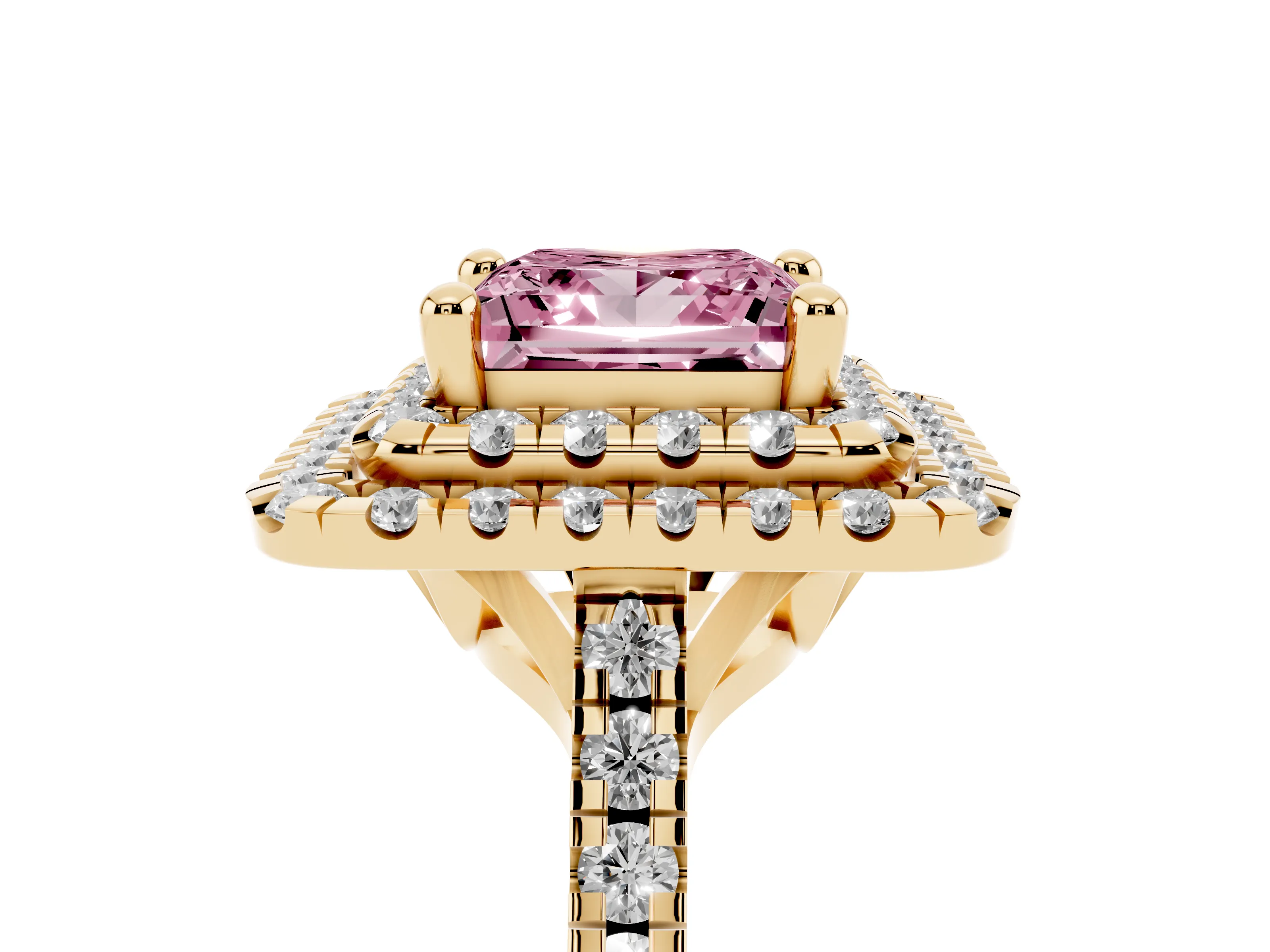 Fancy Pink Princess Cut Diamond Double Halo Statement Ring Set in Yellow gold with Pavé Band