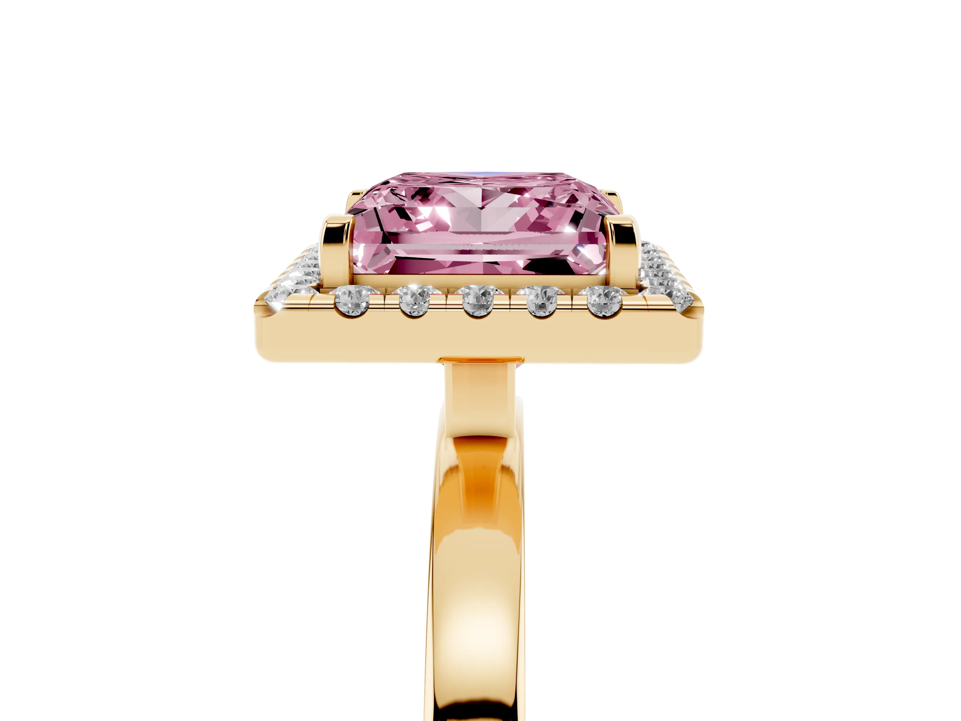 Fancy Pink Princess Cut Diamond Halo Solitaire Ring Set in Yellow gold with Pavé Band and Prong Setting