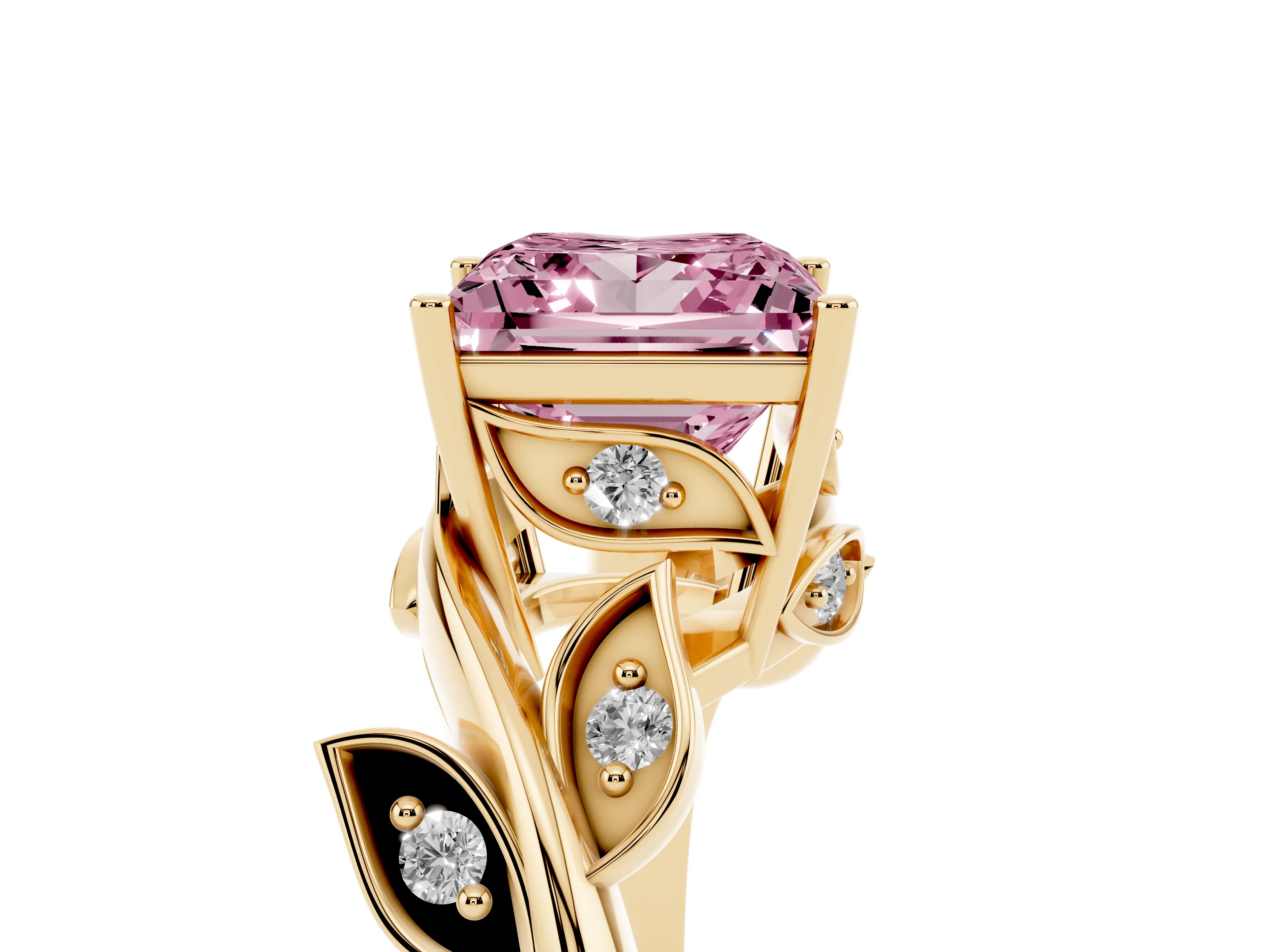 Fancy Pink Princess Cut Diamond Solitaire Twist Engagement Ring Set in Yellow gold with Pavé Leaf Accents