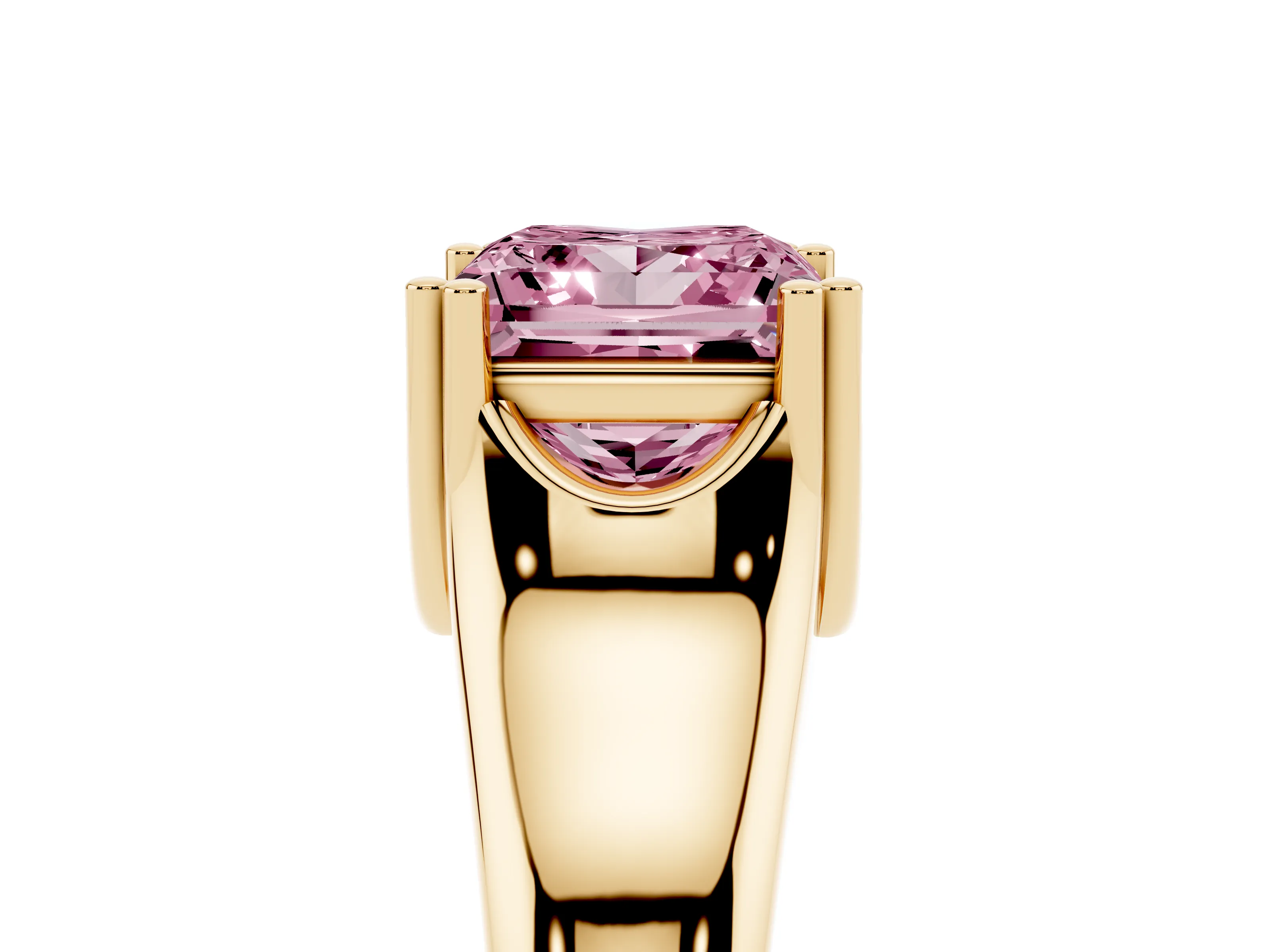 Fancy Pink Princess Cut Diamond Solitaire Ring Set in Yellow gold with Wide Band and Prong Setting