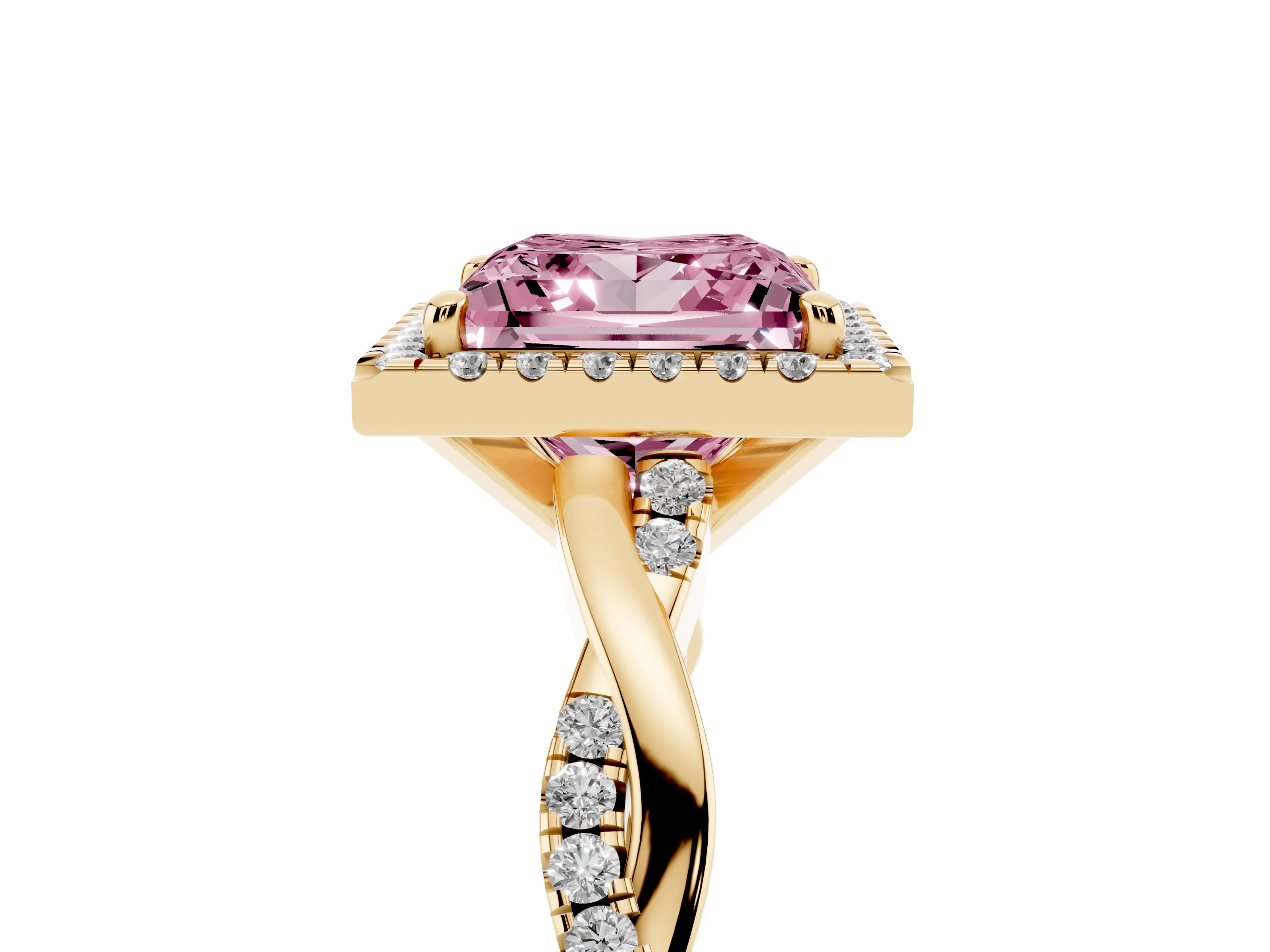 Fancy Pink Princess Cut Diamond Halo Twisted Band Ring Set in Yellow gold with Prong Setting