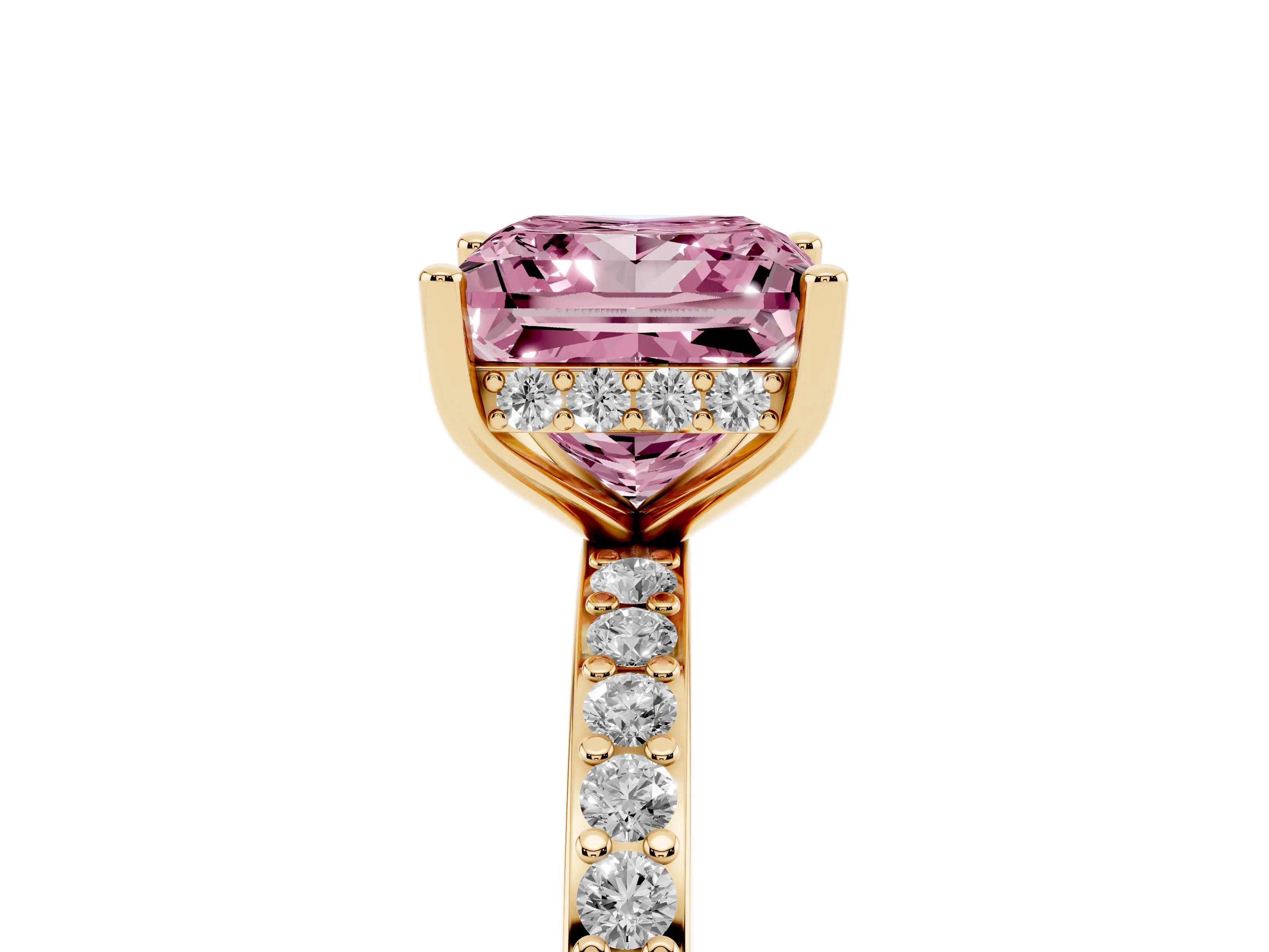 Fancy Pink Princess Cut Diamond Pavé Band Ring Set in Yellow gold with Prong-Set Center Stone