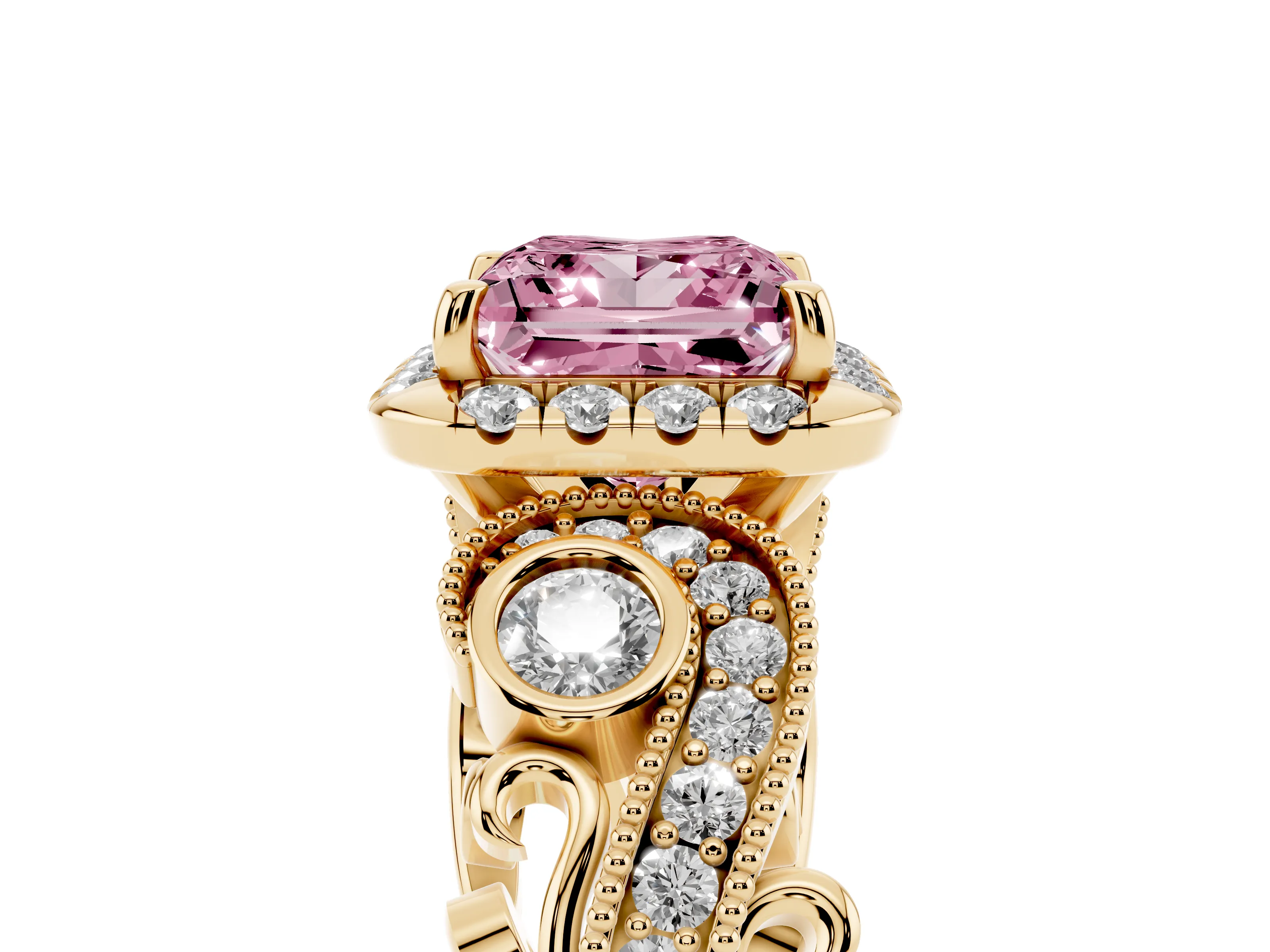 Fancy Pink Princess Cut Diamond Halo Ring Set in Yellow gold with Milgrain Pavé Band and Prong Setting