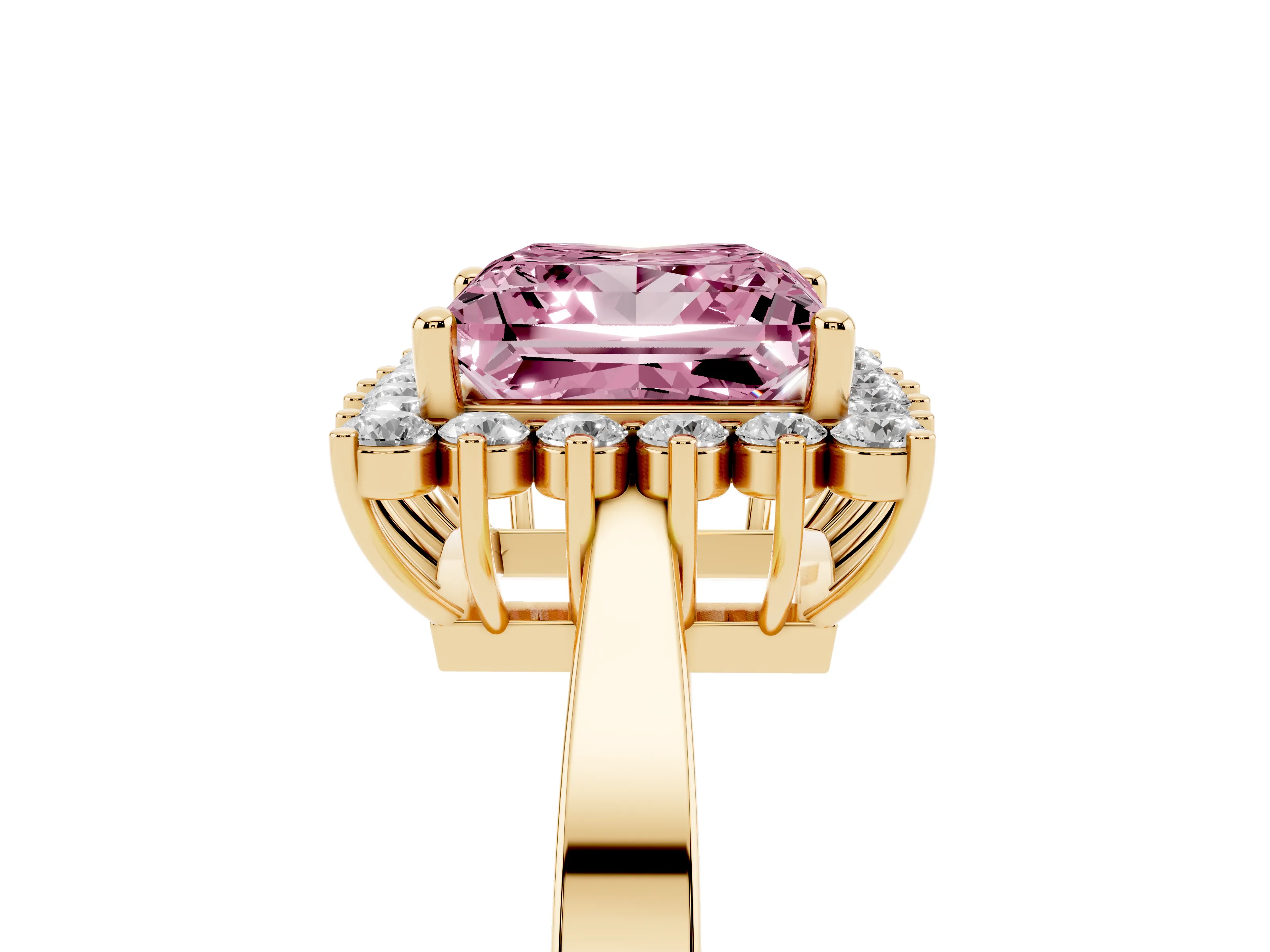 Fancy Pink Princess Cut Diamond Halo Ring Set in Yellow gold with Round Halo and Smooth Solitaire Band