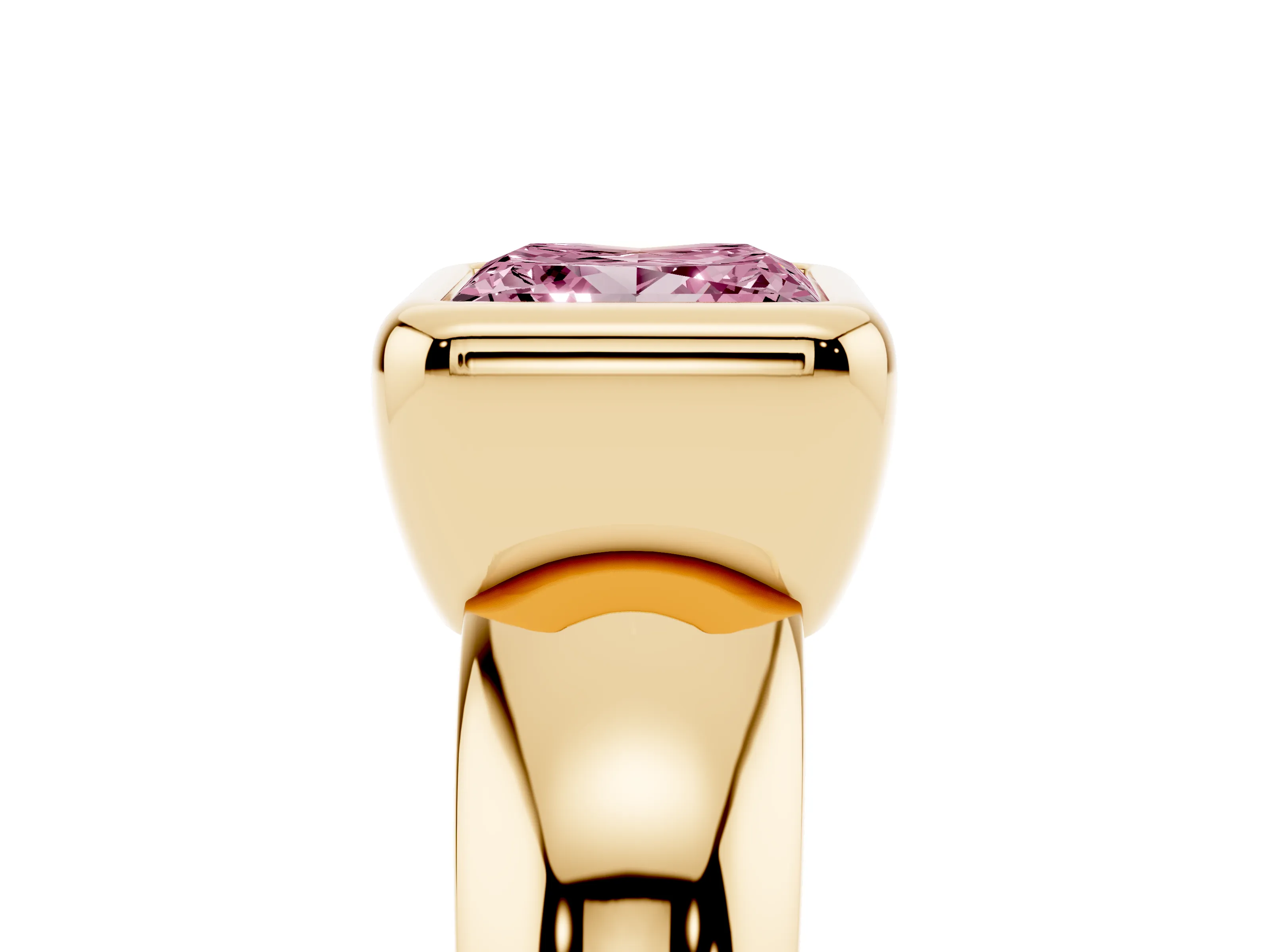Fancy Pink Bezel Set Princess Cut Diamond Solitaire Ring Set in Yellow gold with Wide Band
