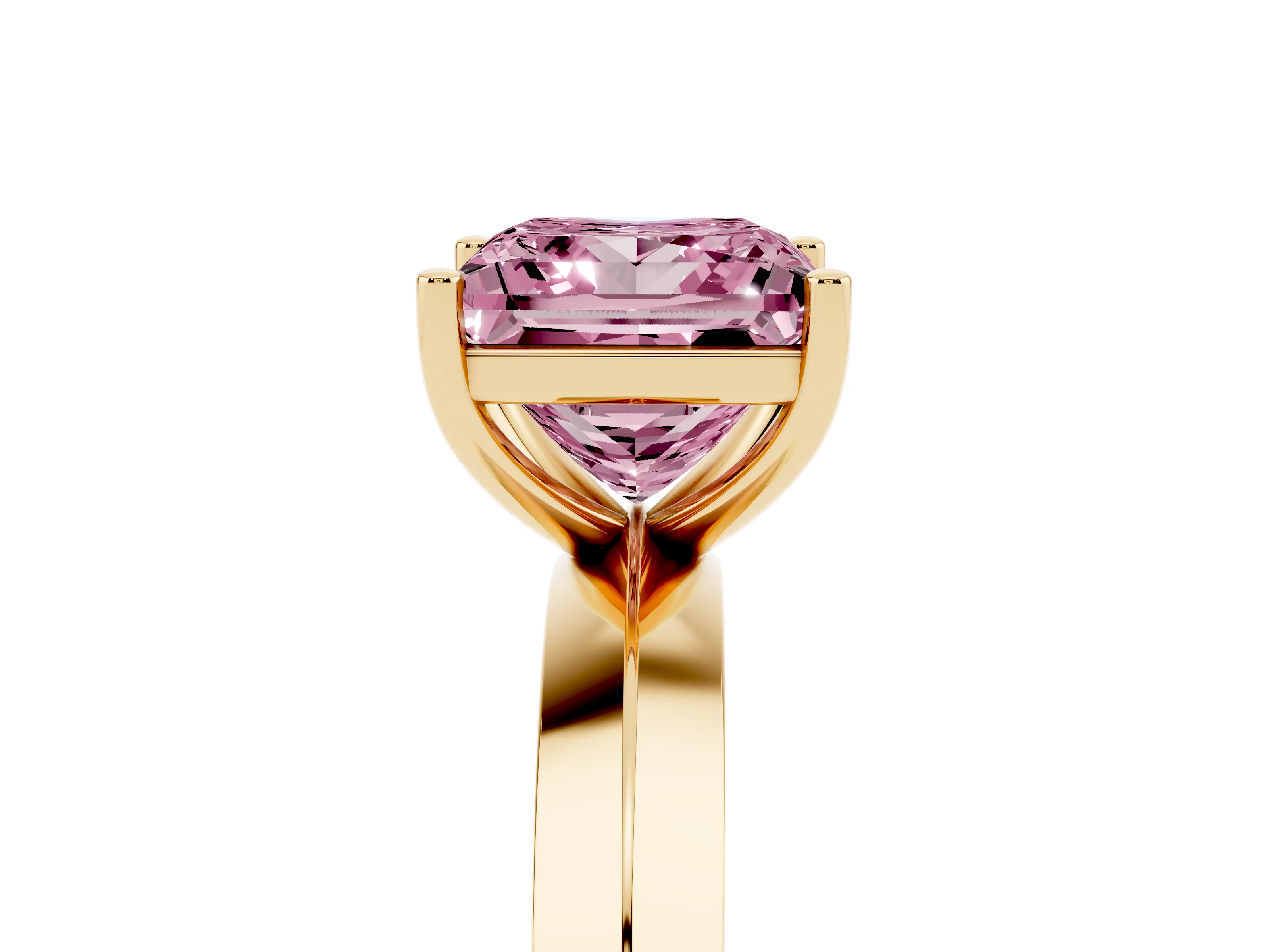 Fancy Pink Princess Cut Diamond Solitaire Engagement Ring Set in Yellow gold with Flat Band and Prong Setting