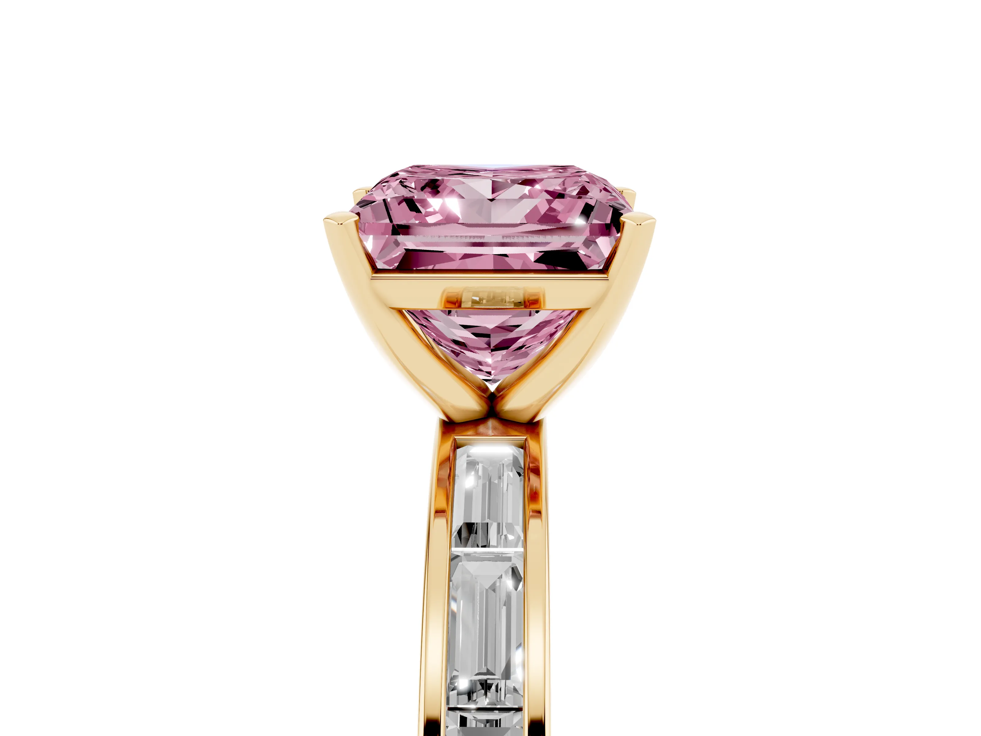 Fancy Pink Princess Cut Diamond Solitaire Ring Set in Yellow gold with Channel-Set Baguette Band and Prong Setting