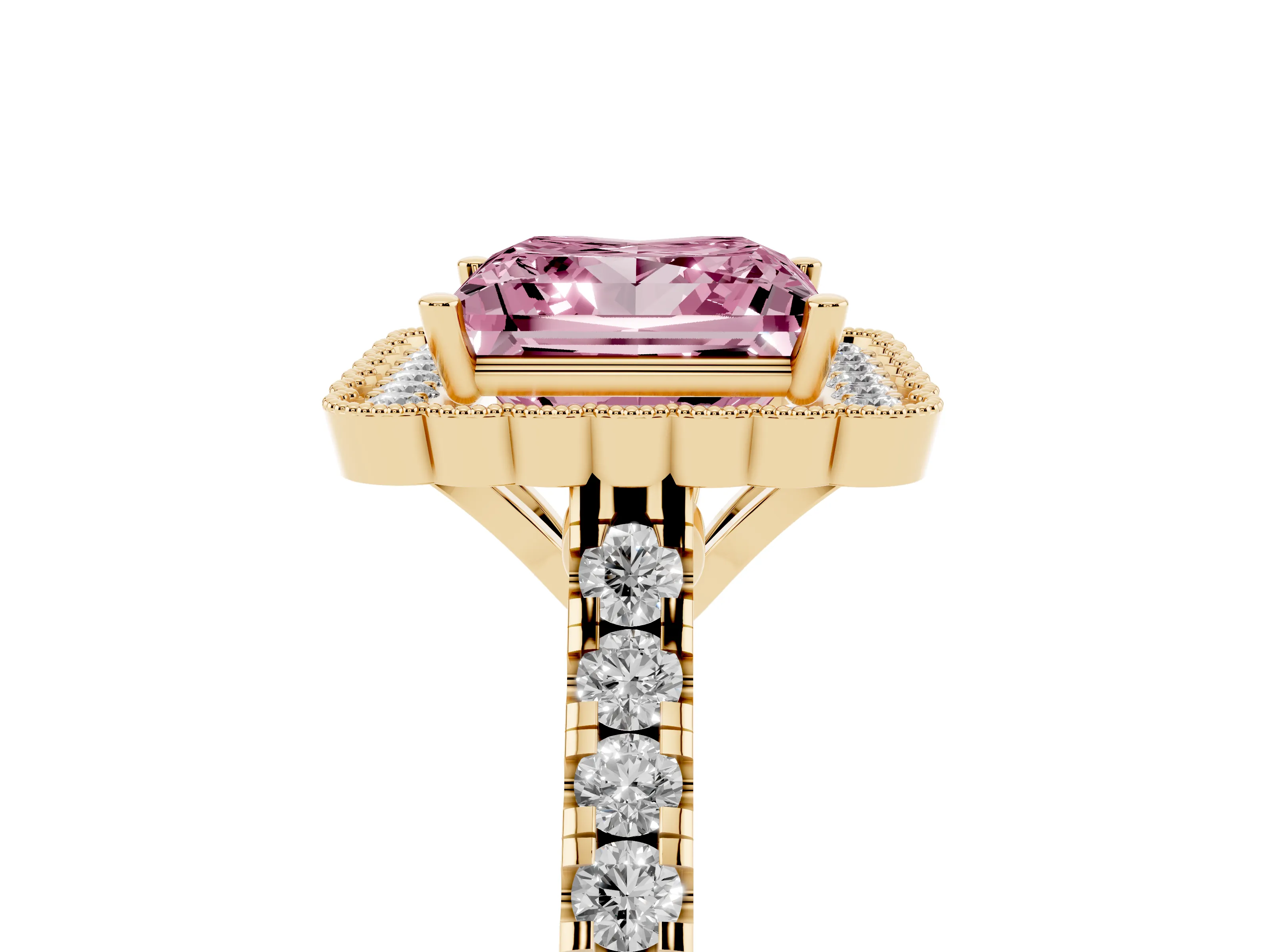 Fancy Pink Princess Cut Diamond Milgrain Floral Halo Engagement Ring Set in Yellow gold with Pavé Band