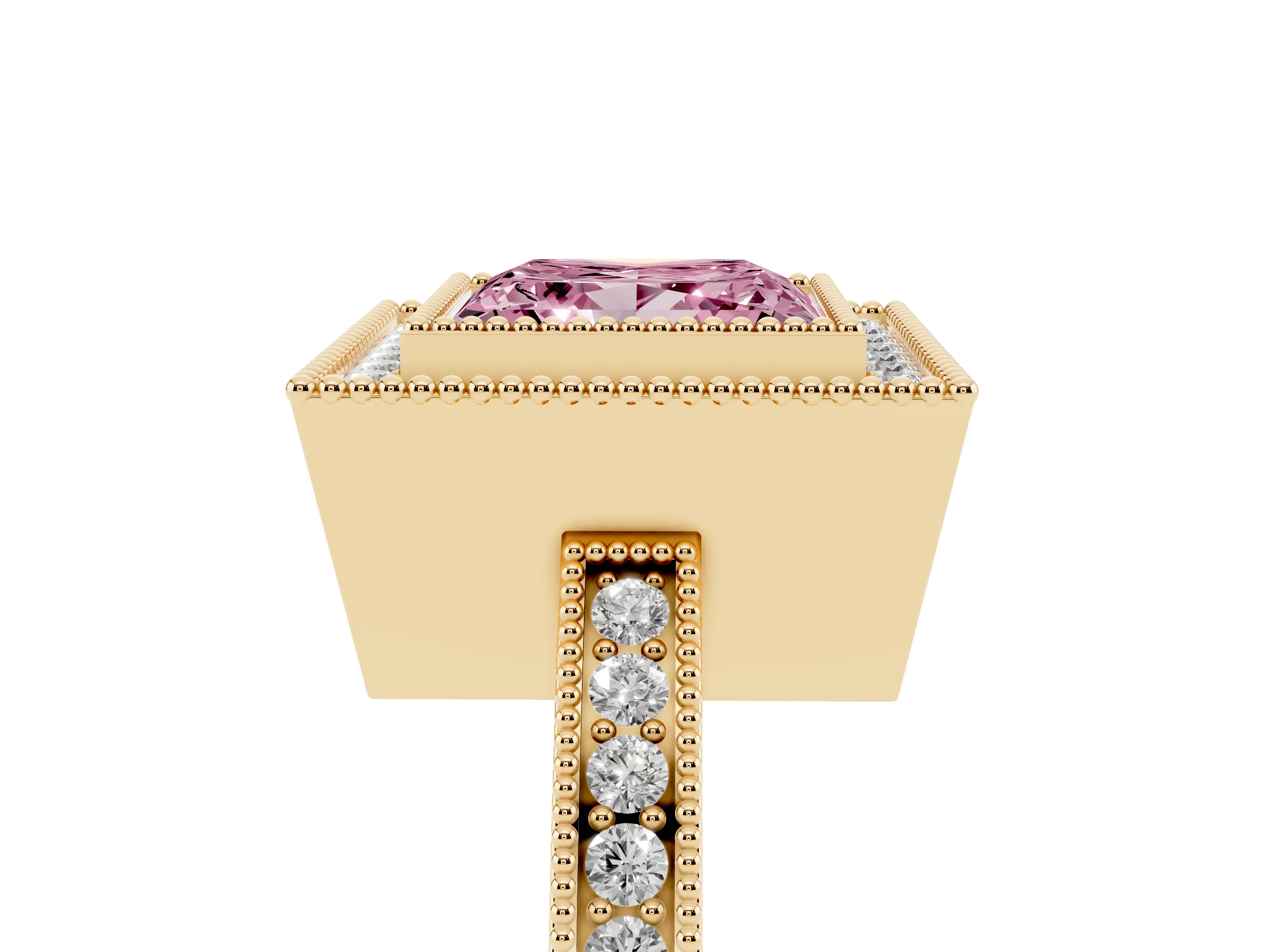 Fancy Pink Princess Cut Diamond Halo Ring Set in Yellow gold with Pavé Band and Milgrain-Edged Prongs