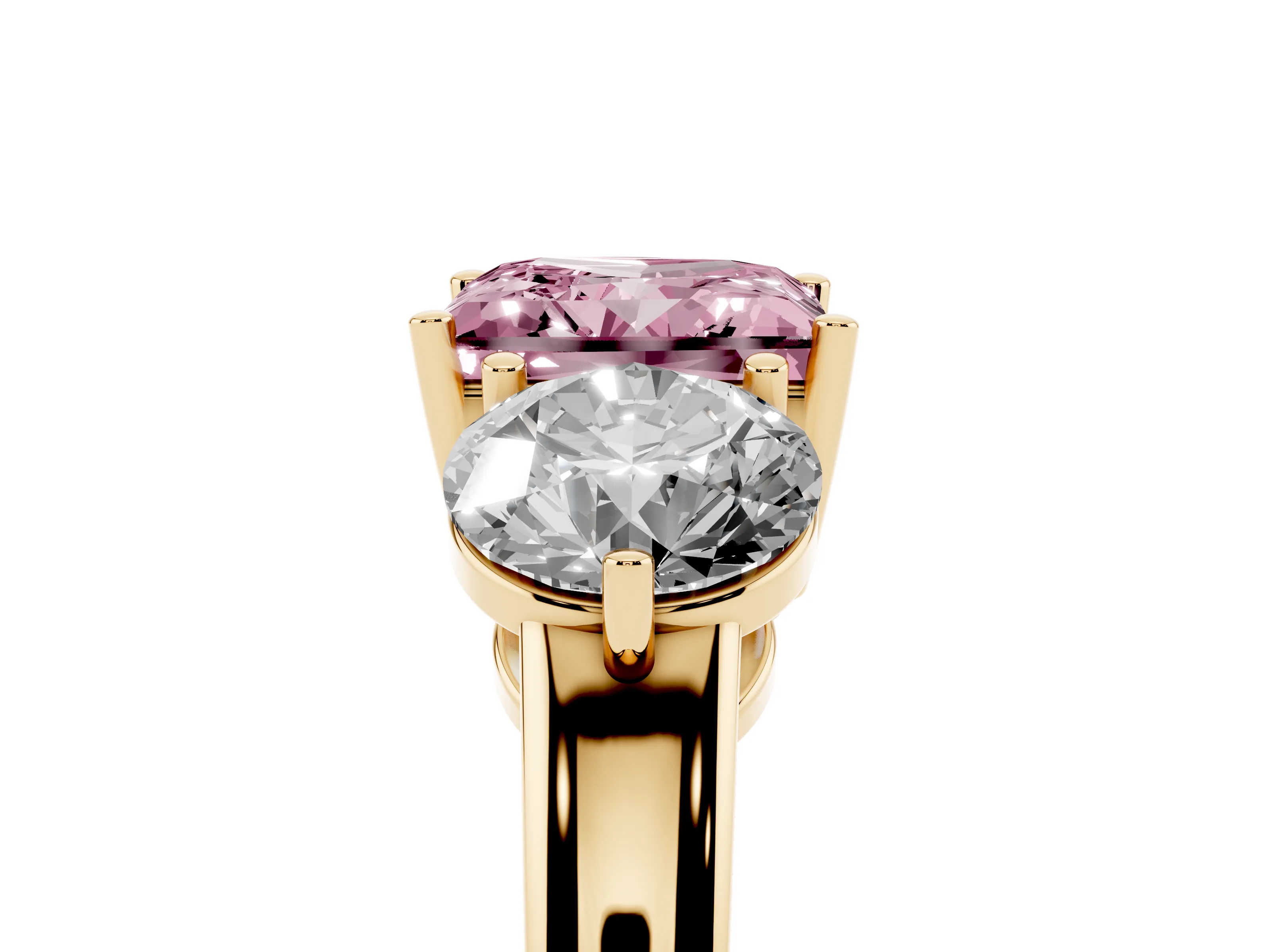 Fancy Pink Princess Cut Diamond Three-Stone Ring Set in Yellow gold with Prong Setting and Plain Band