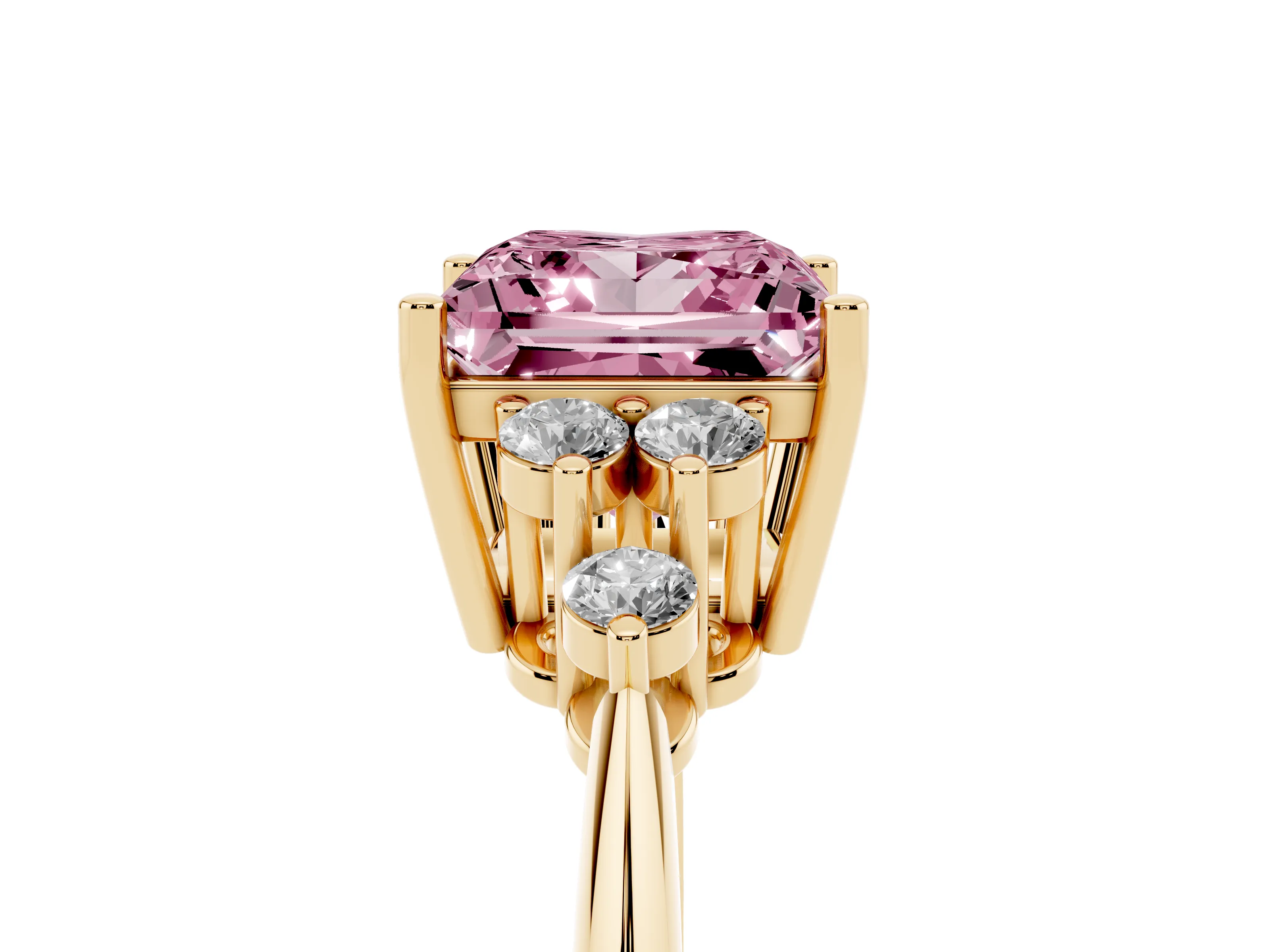 Fancy Pink Princess Cut Diamond Cluster Ring Set in Yellow gold with Plain Band and Prong Setting
