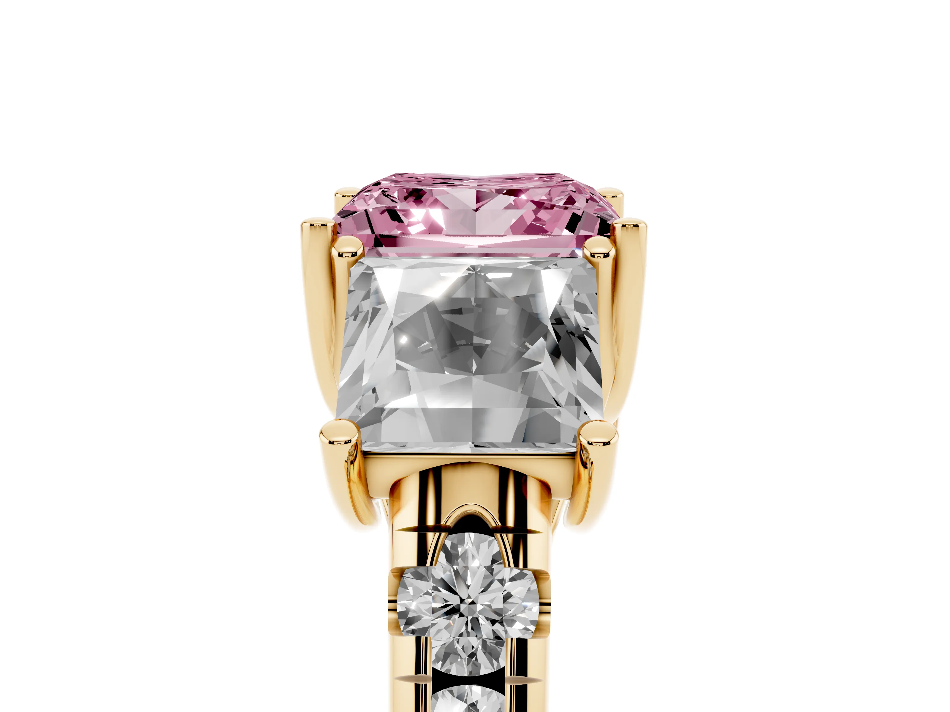 Fancy Pink Princess Cut Diamond Three-Stone Ring Set in Yellow gold with Pavé Band