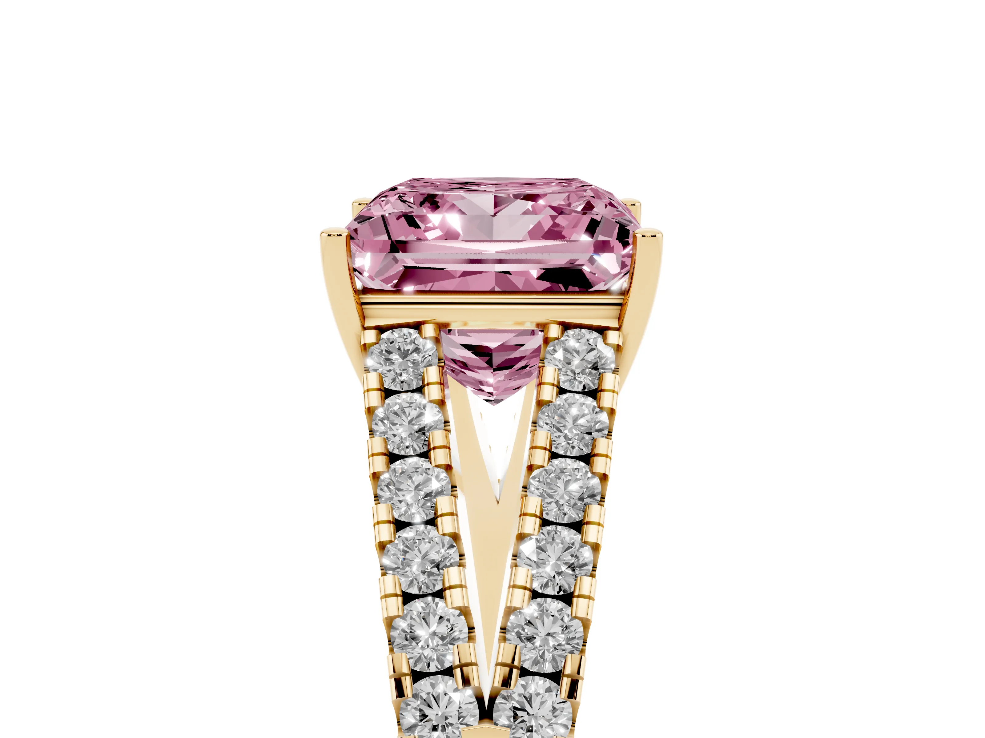 Fancy Pink Princess Cut Diamond Split Shank Pavé Engagement Ring Set in Yellow gold with Prong-Held Center Stone