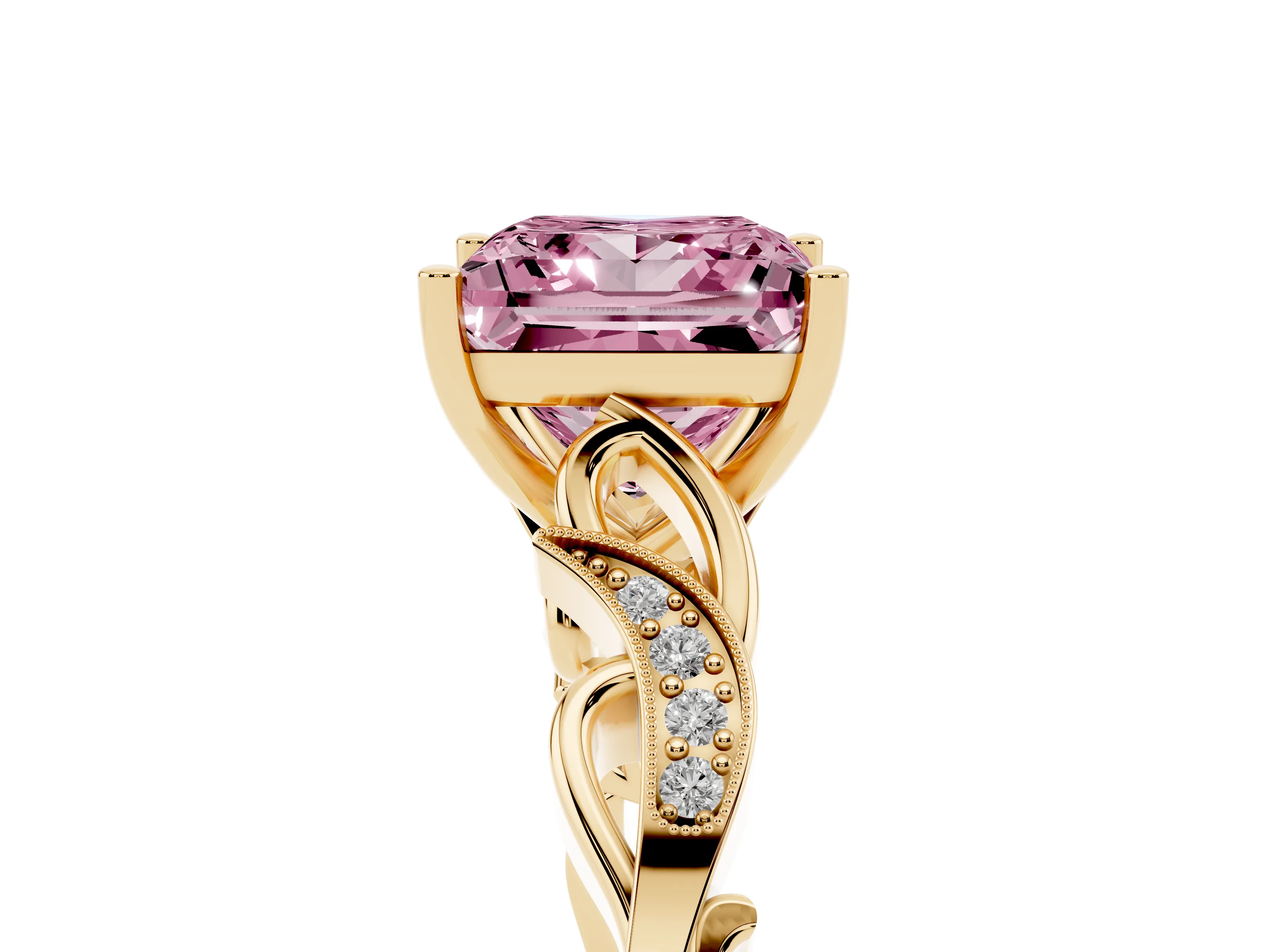 Fancy Pink Princess Cut Diamond Vine Band Solitaire Ring Set in Yellow gold with Milgrain Prong Setting