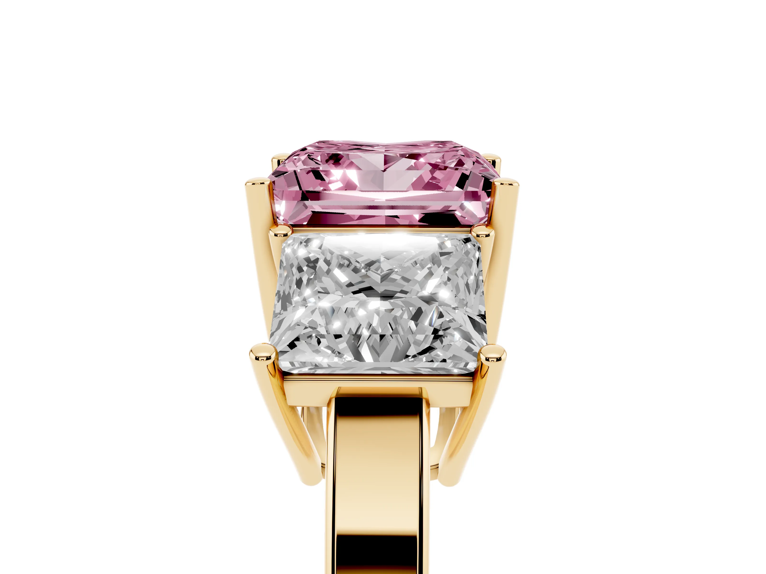 Fancy Pink Princess Cut Diamond Three-Stone Engagement Ring Set in Yellow gold with Flat Band