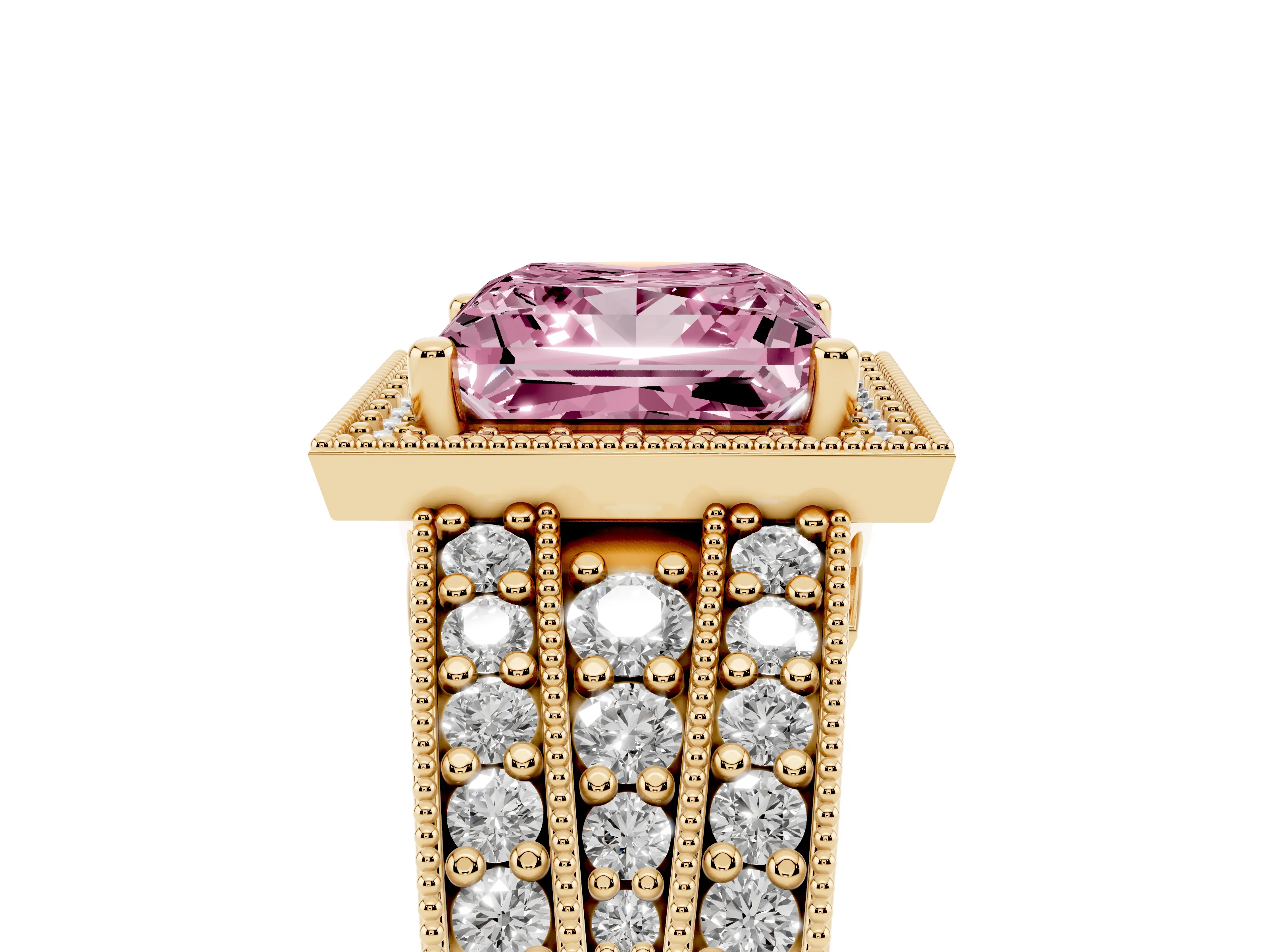 Fancy Pink Princess Cut Diamond Halo Ring Set in Yellow gold with Accent Split Shank and Prong Setting