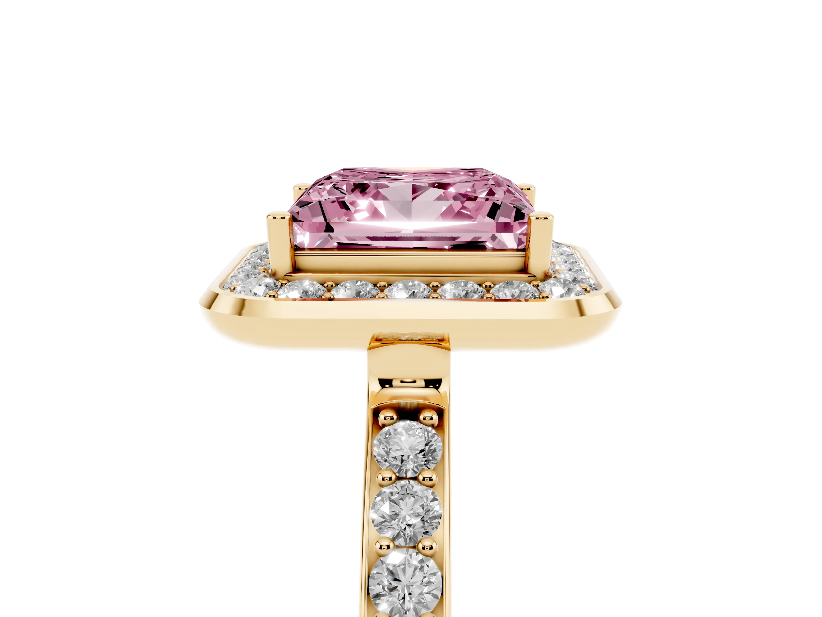 Fancy Pink Princess Cut Diamond Halo Ring Set in Yellow gold with Bezel Frame and Pavé Band