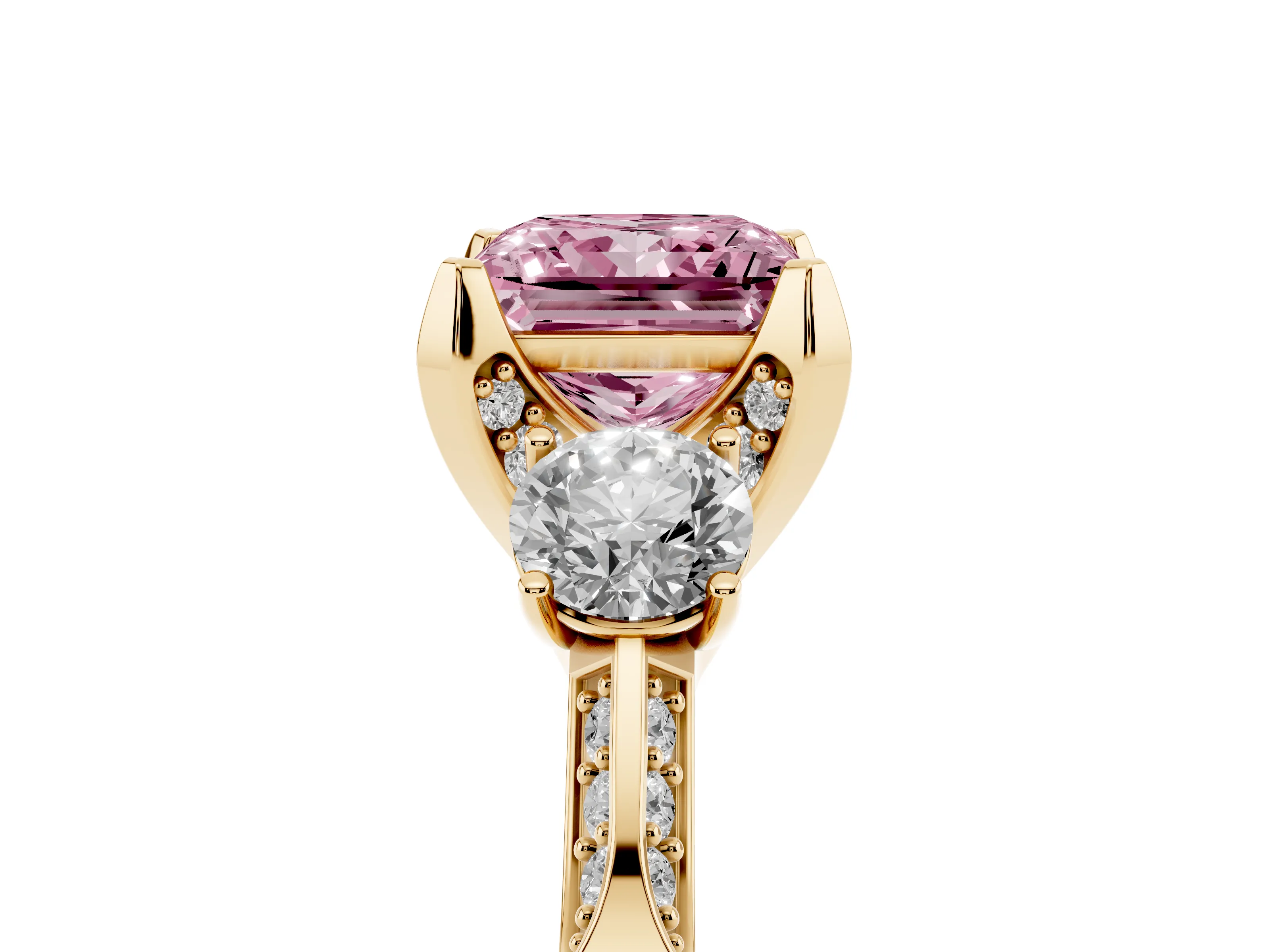 Fancy Pink Princess Cut Diamond Three-Stone Ring Set in Yellow gold with Pavé Band and Smaller Side Stones