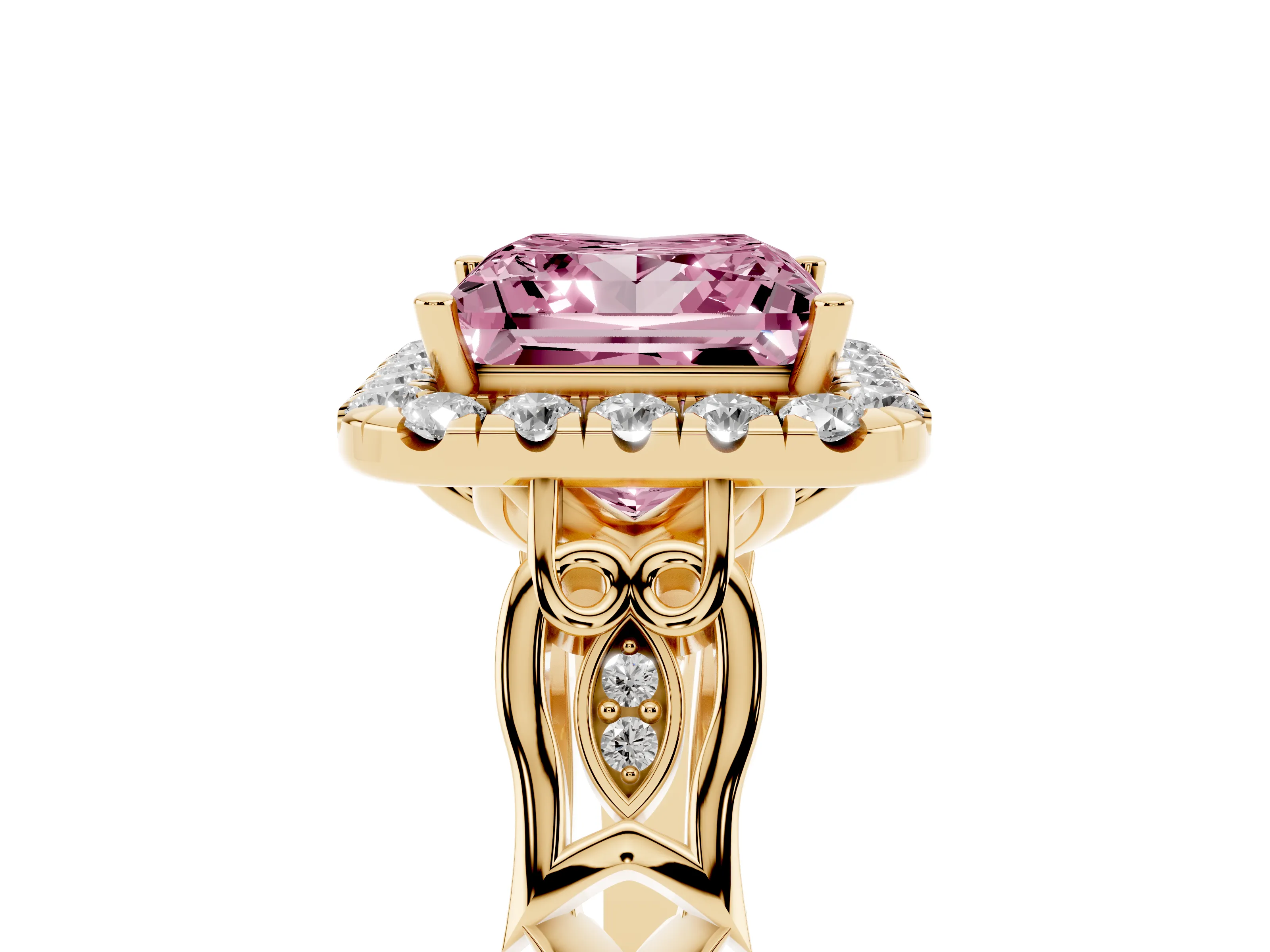 Fancy Pink Princess Cut Diamond Halo Engagement Ring Set in Yellow gold with Filigree Band and Prong-Set Center