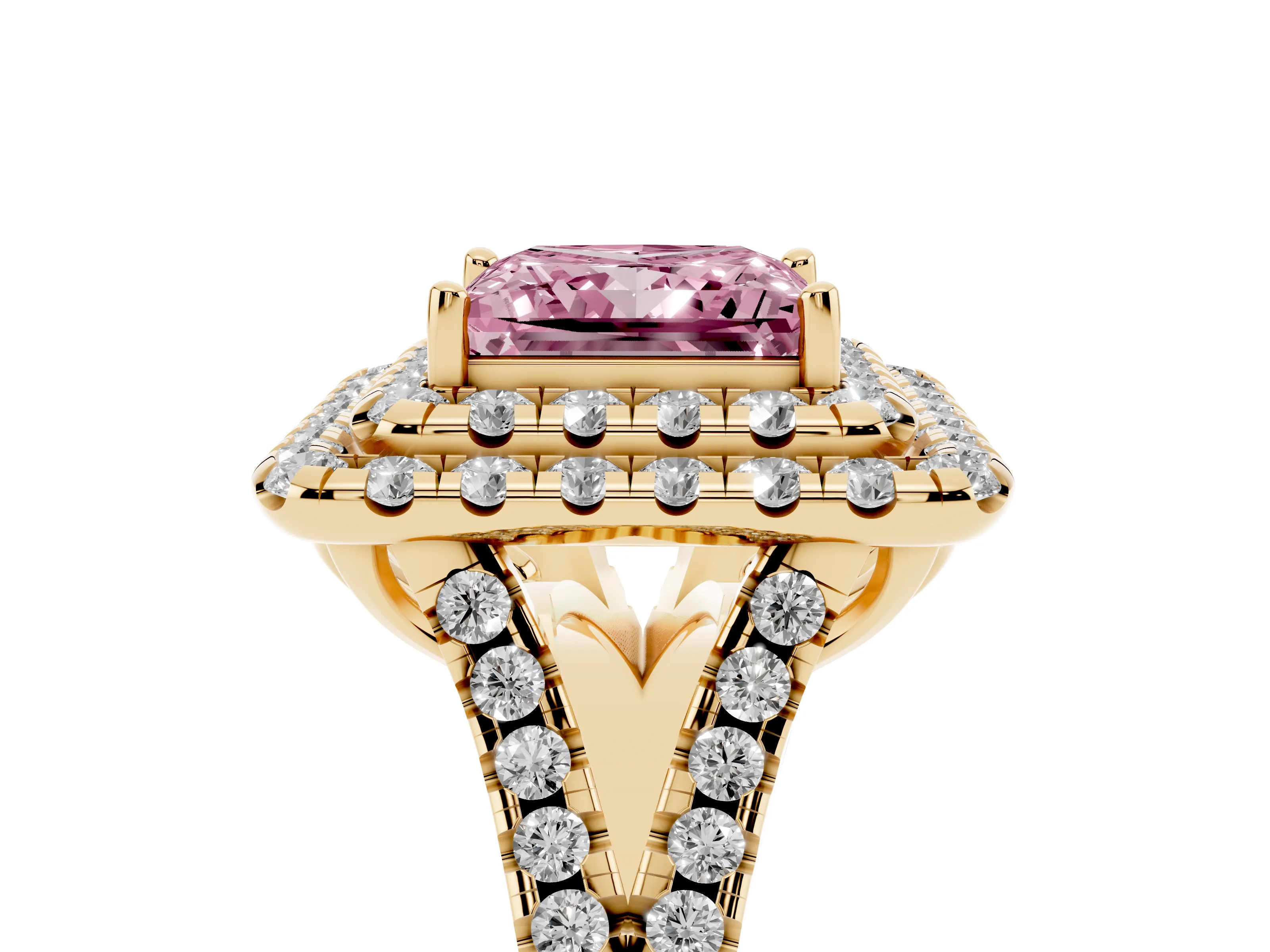 Fancy Pink Princess Cut Diamond Double Halo Ring Set in Yellow gold with Pavé Split Shank and Prong Setting