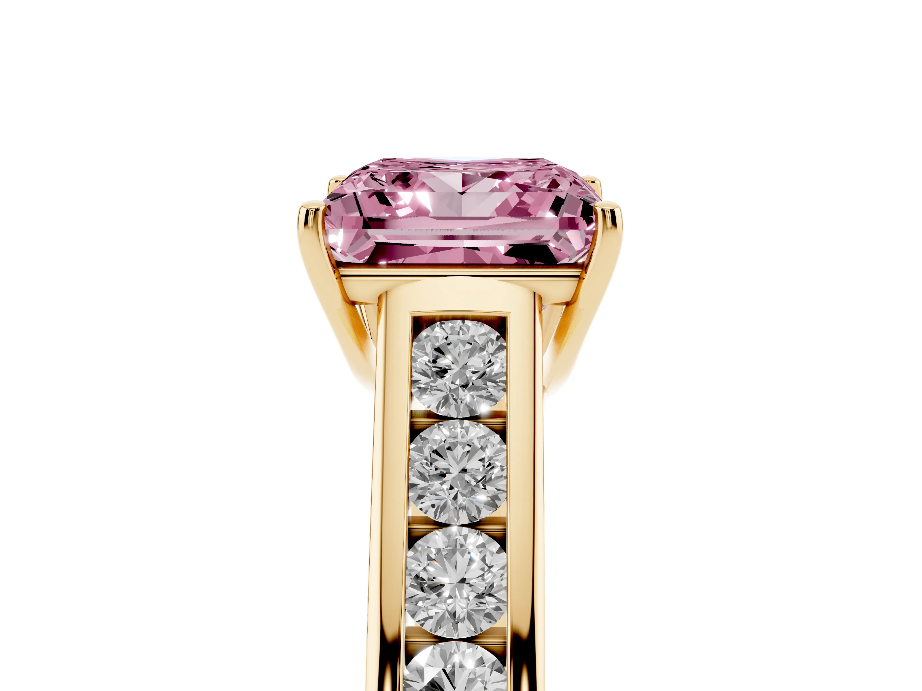 Fancy Pink Princess Cut Diamond Solitaire Channel-Set Engagement Ring Set in Yellow gold with Prong Setting
