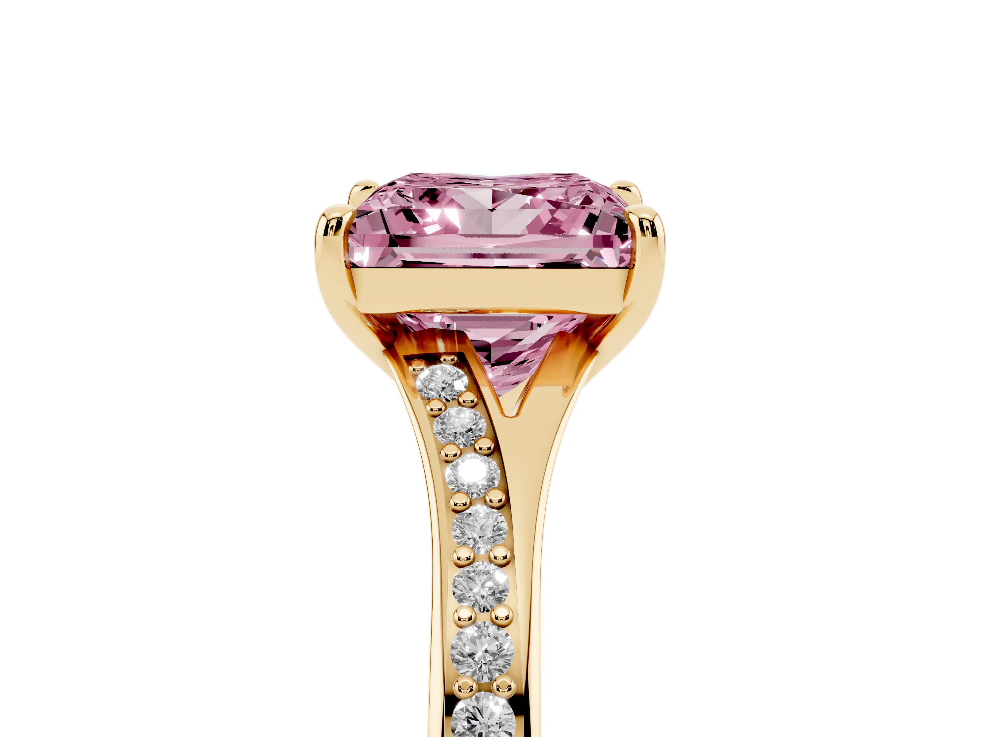 Fancy Pink Princess Cut Diamond Solitaire Ring Set in Yellow gold with Pavé Accent Band and Classic Prong Setting