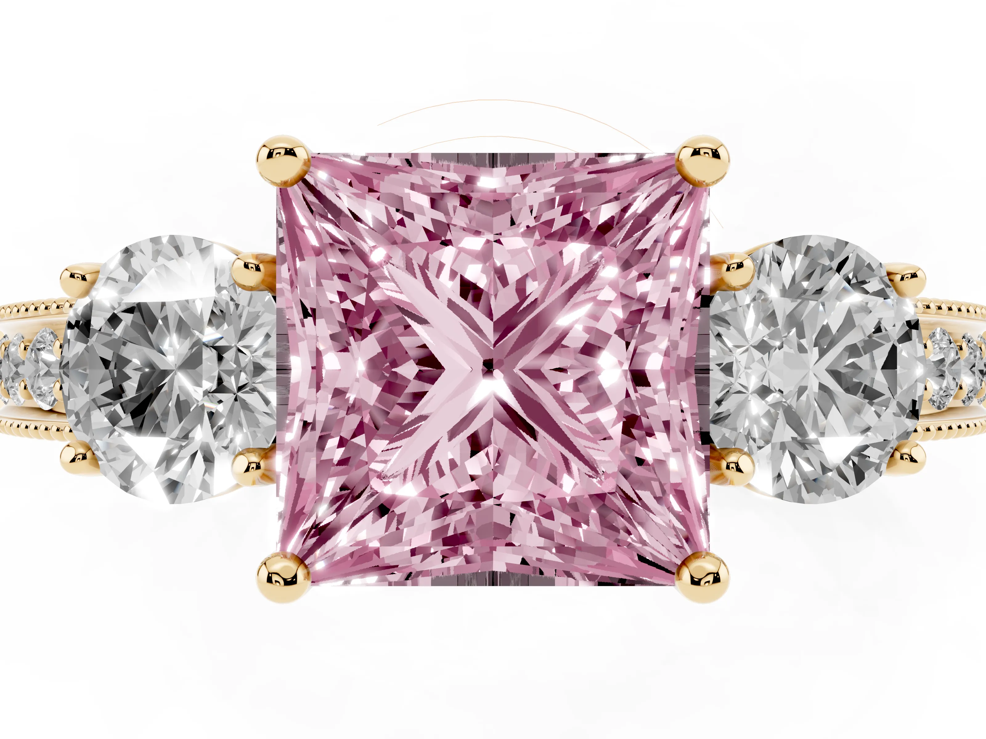 Fancy Pink Princess Cut Diamond Three-Stone Ring Set in Yellow gold with Round Side Stones and Pavé Band