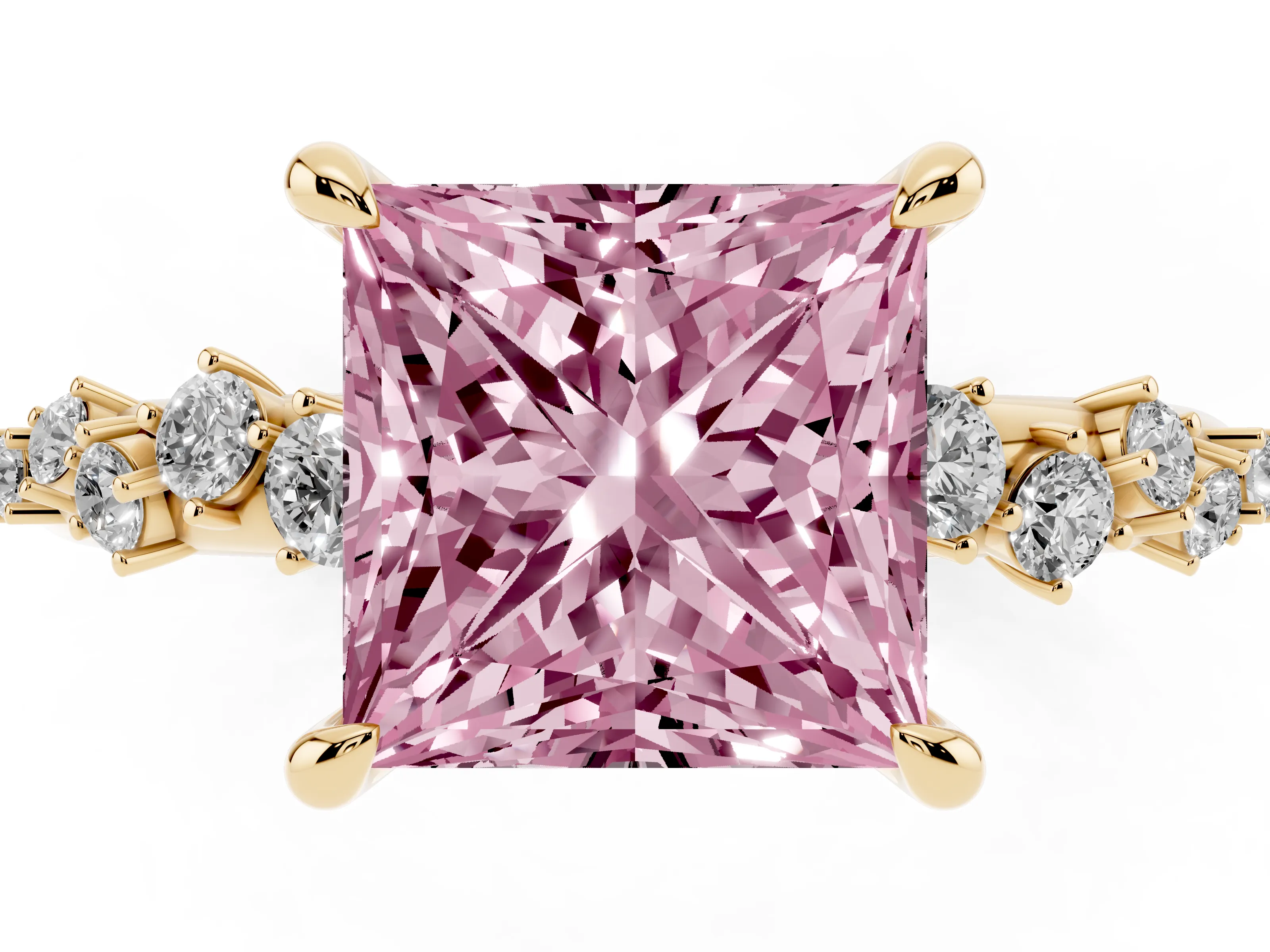 Fancy Pink Princess Cut Diamond Solitaire Vine Band Ring Set in Yellow gold with Round Accents and Prong Setting