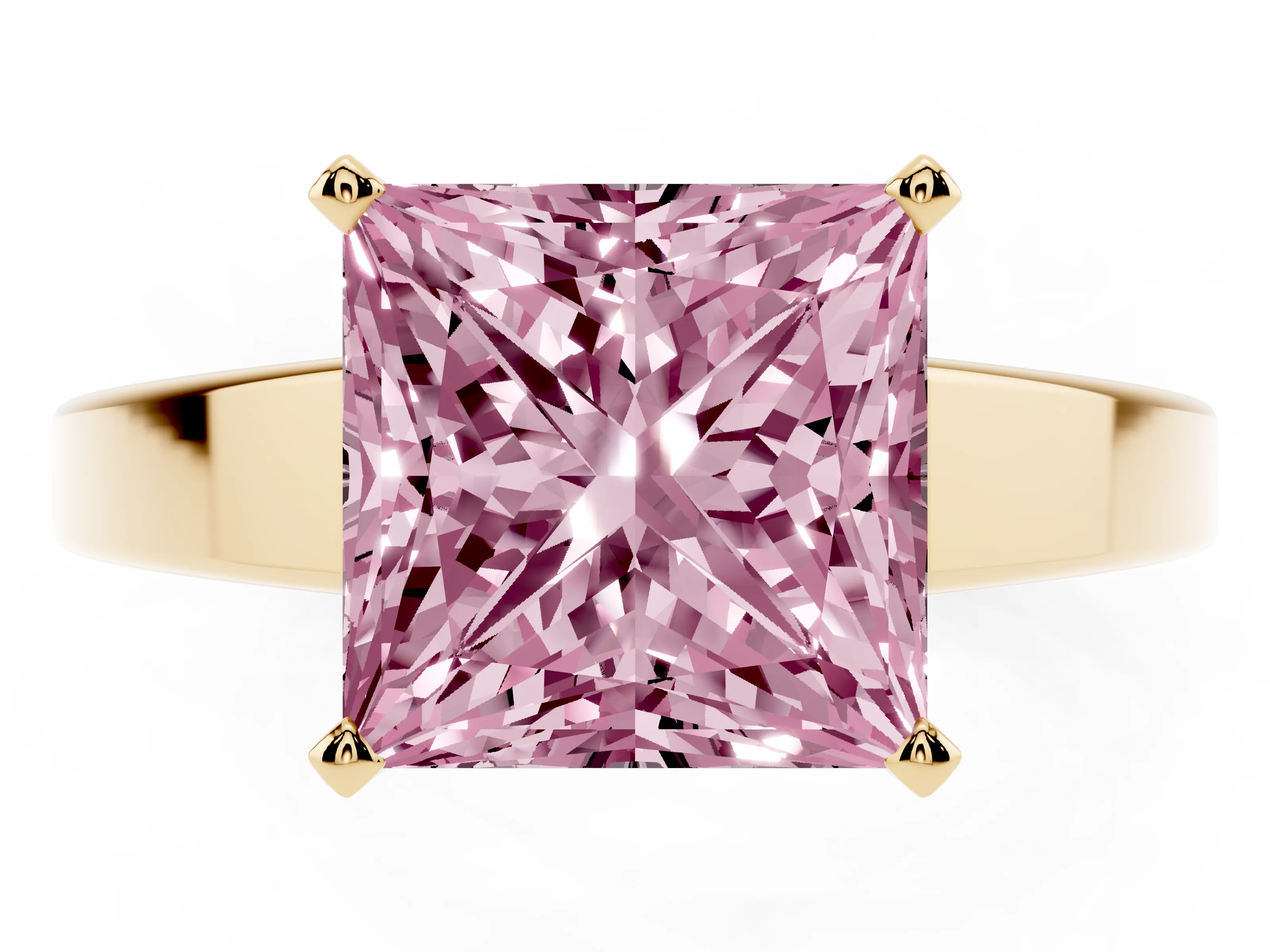Fancy Pink Princess Cut Diamond Solitaire Engagement Ring Set in Yellow gold with Prong Setting and Tapered Band
